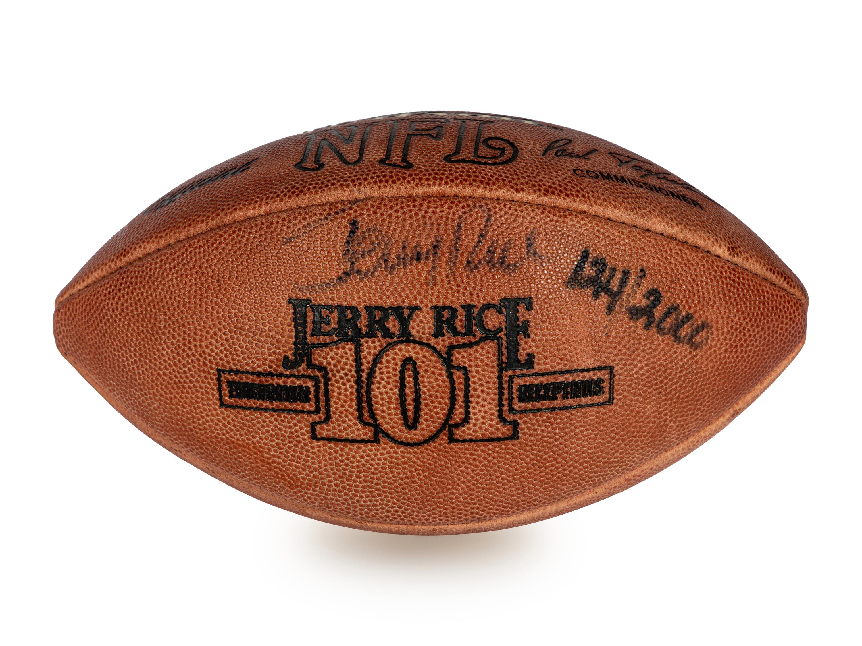 A Jerry Rice Signed Autograph Commemorative Football and 1993 Topps Stadium Club Members Only Complete Set with Autographed Record Breaker Card,