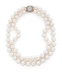 DOUBLE STRAND CULTURED PEARL AND DIAMOND NECKLACE