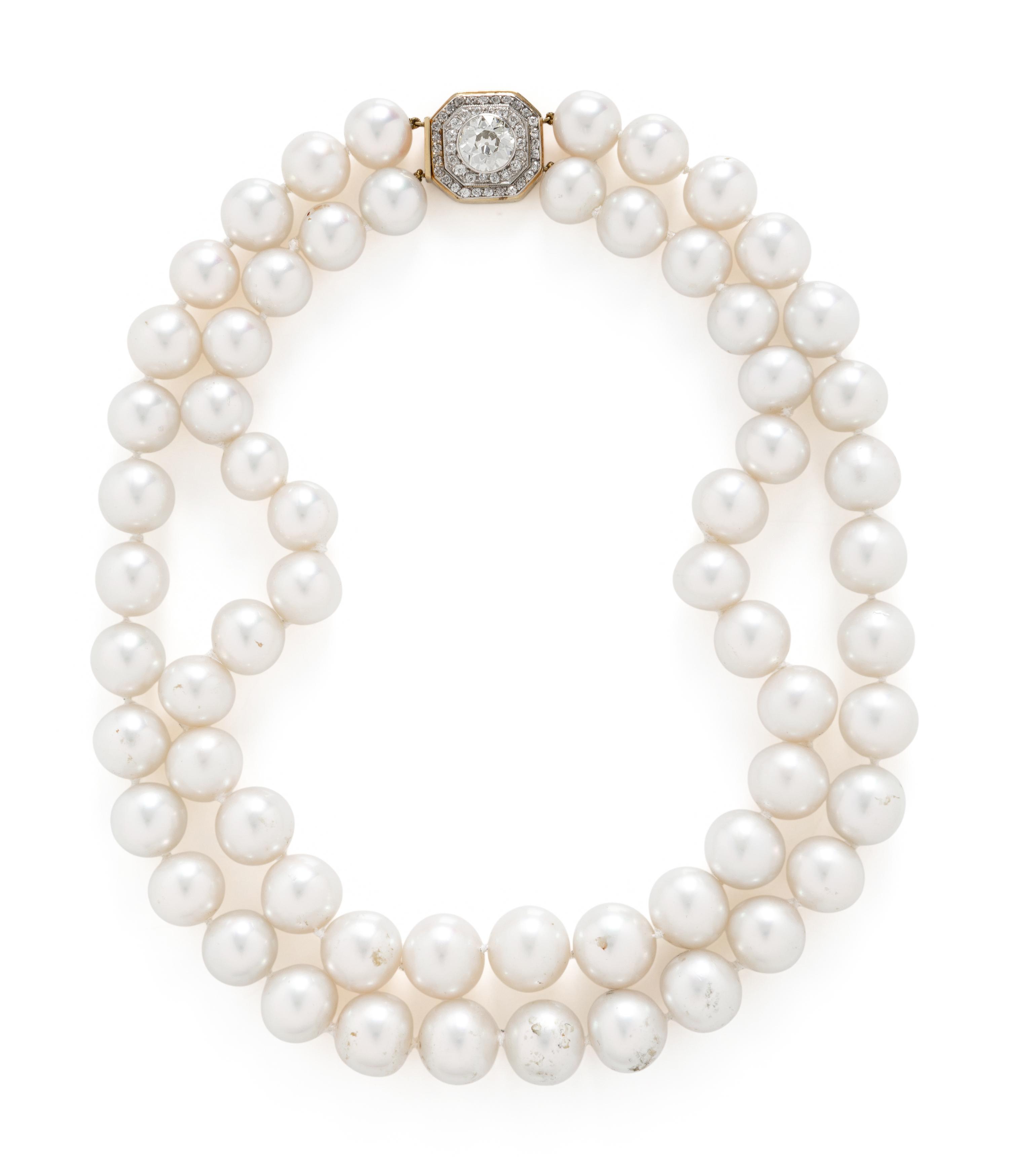 DOUBLE STRAND CULTURED PEARL AND DIAMOND NECKLACE
