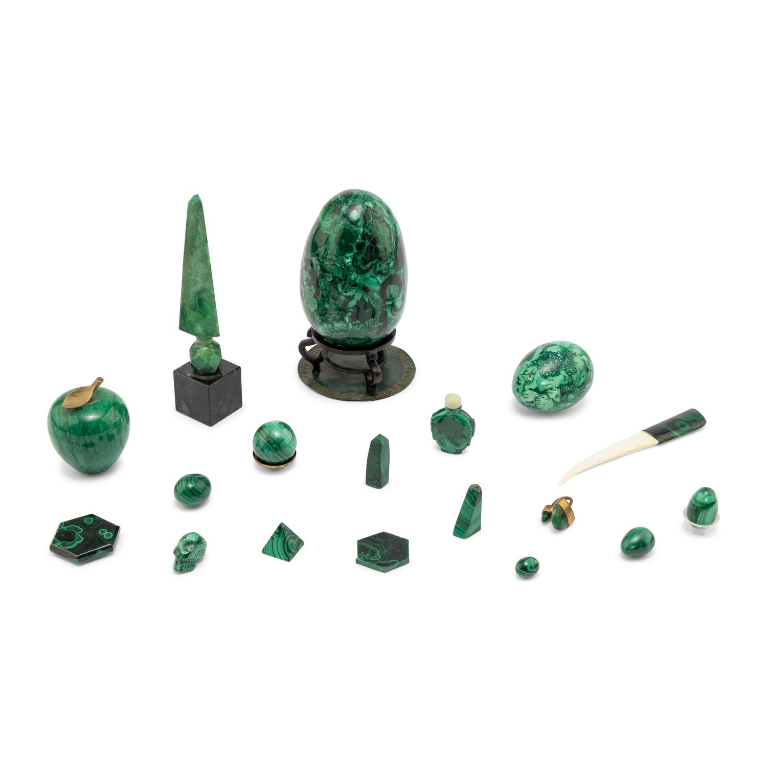 A Collection of Carved Malachite Decorative Articles