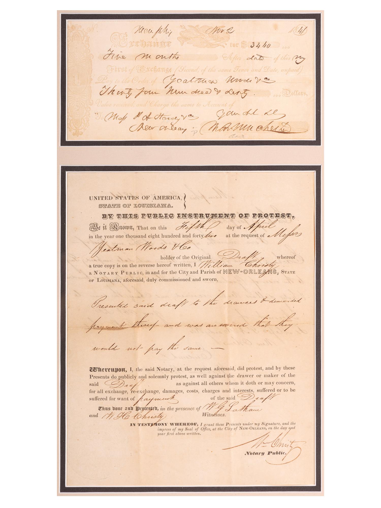 [TEXAS]. CHRISTY, William H. (1791-1865). Document signed ("Wm. Christy"), as New Orleans notary public. New Orleans, LA, 5 April 1842.