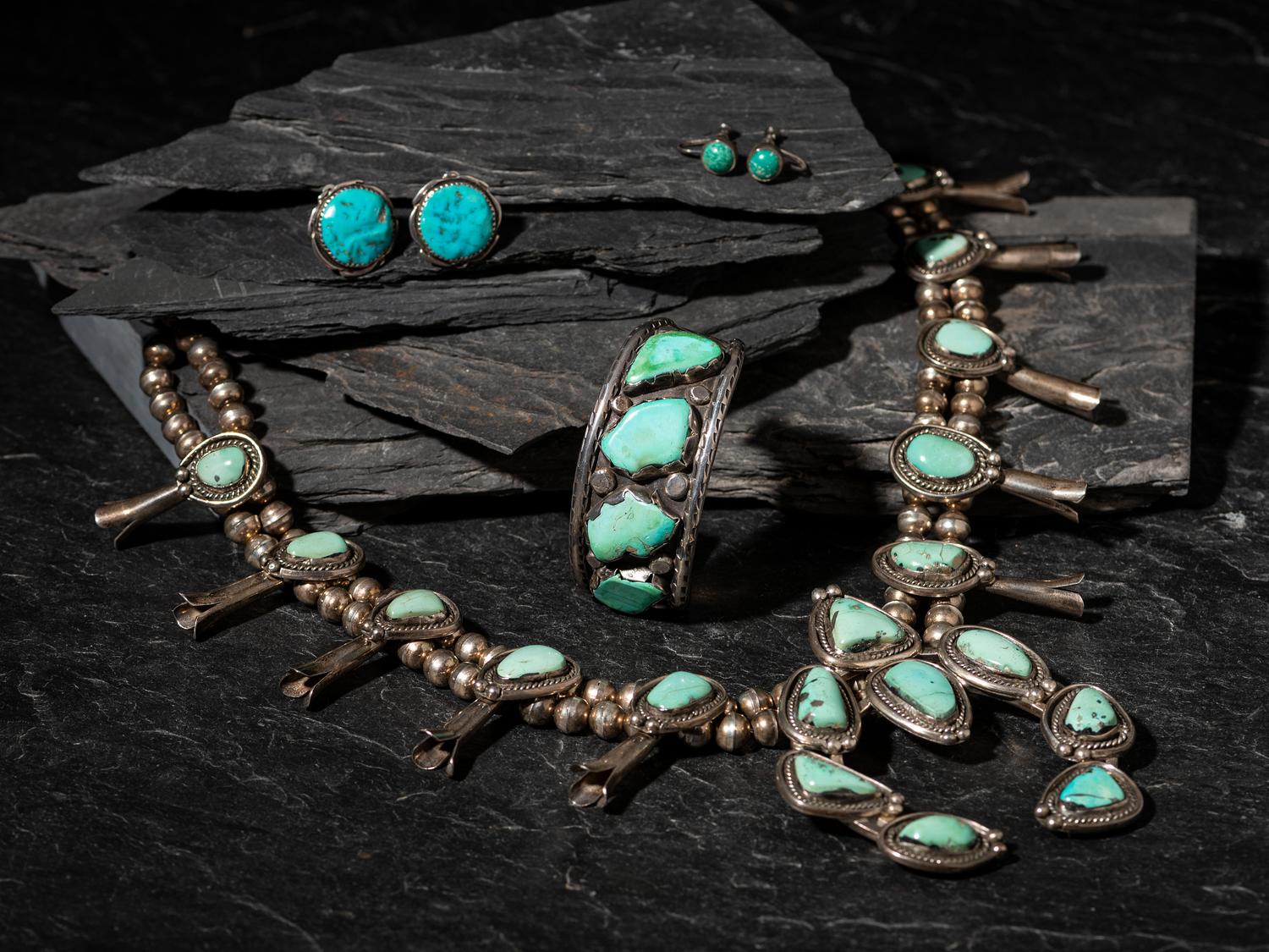 Navajo Silver and Turquoise Squash Blossom Necklace, Cuff Bracelet, and Earrings