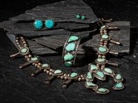 Navajo Silver and Turquoise Squash Blossom Necklace, Cuff Bracelet, and Earrings
