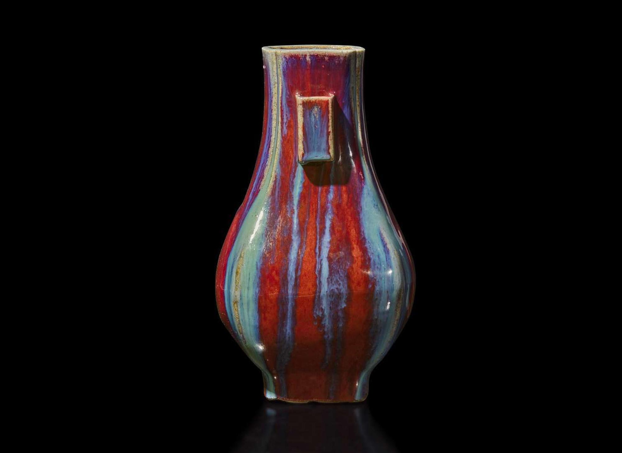 A Chinese flambe-glazed vase, Fanghu, Qianlong six-character incised seal mark 窯變釉方壺 乾隆六字款
