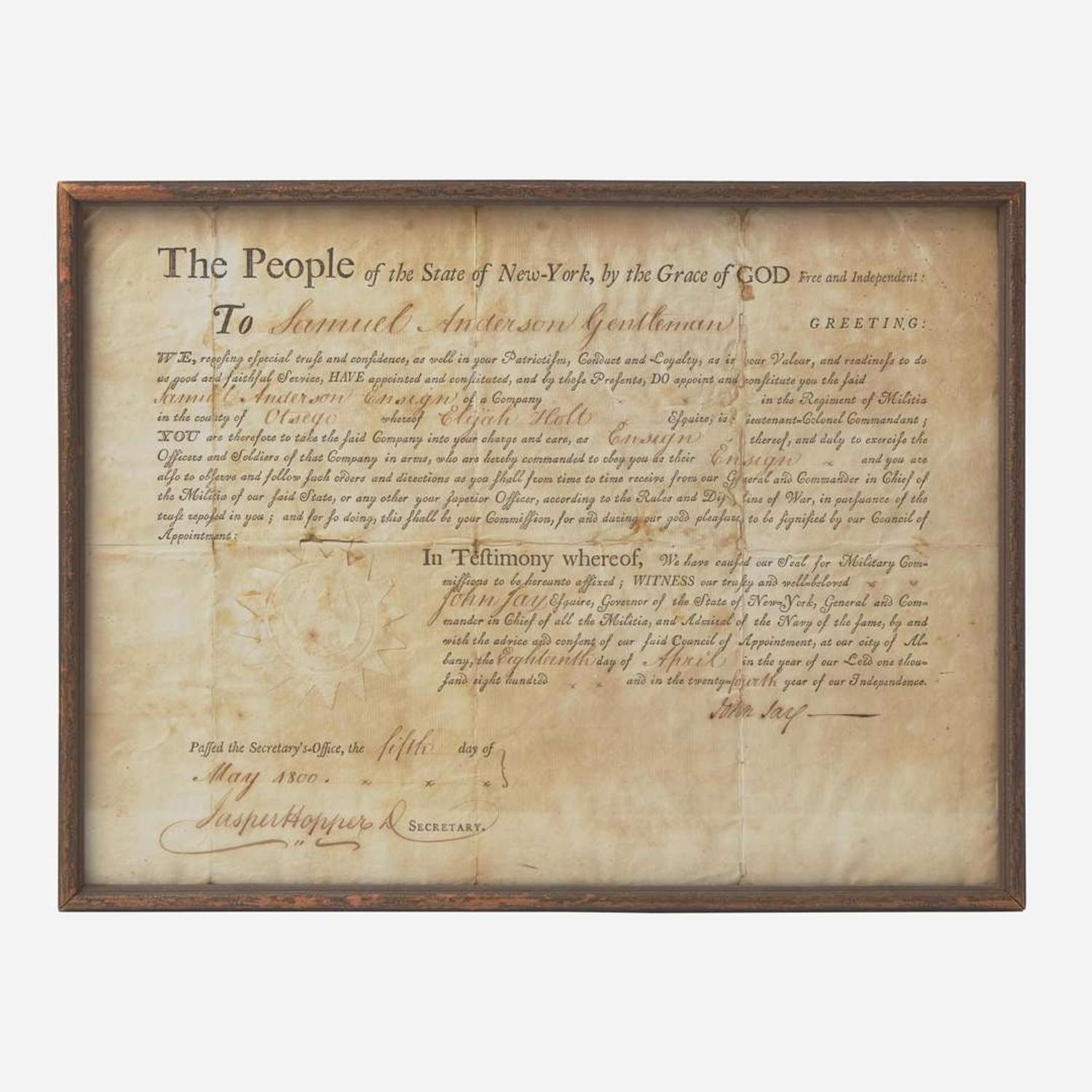[Americana] Jay, John Partially-Printed Document, signed
