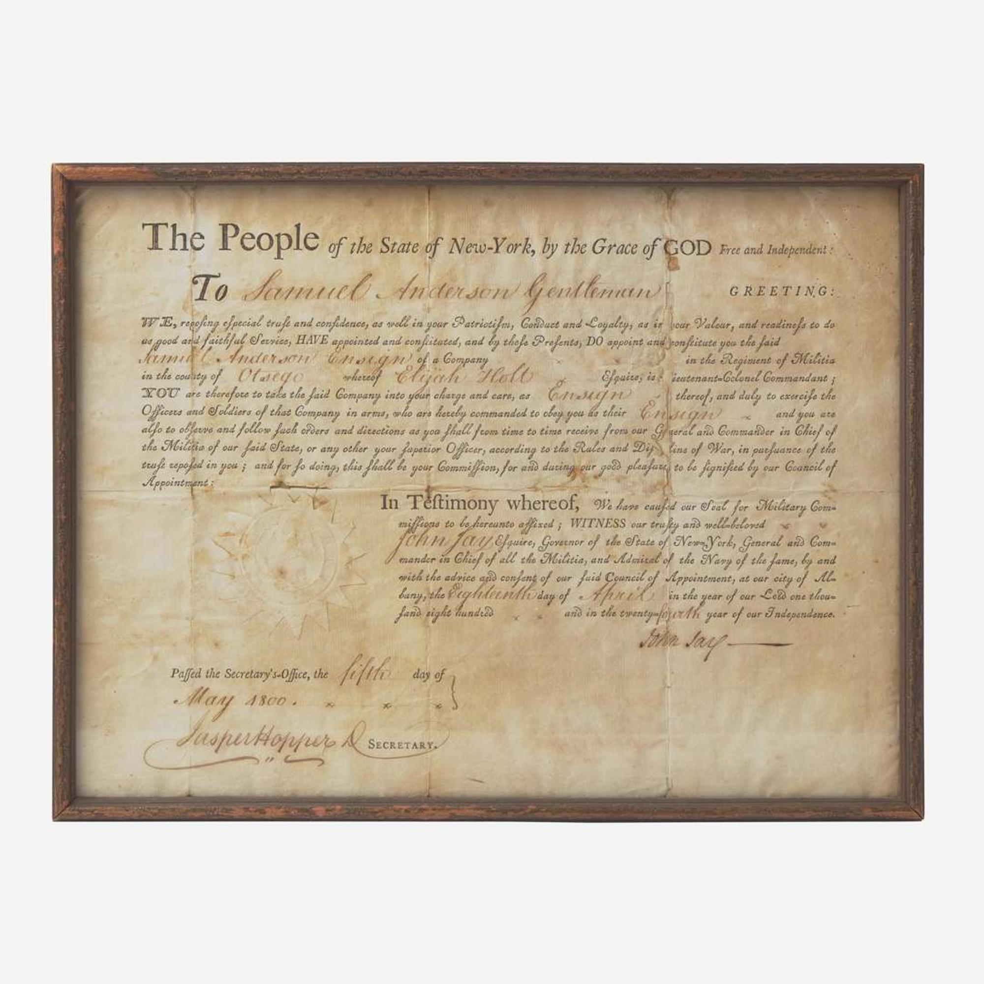 [Americana] Jay, John Partially-Printed Document, signed