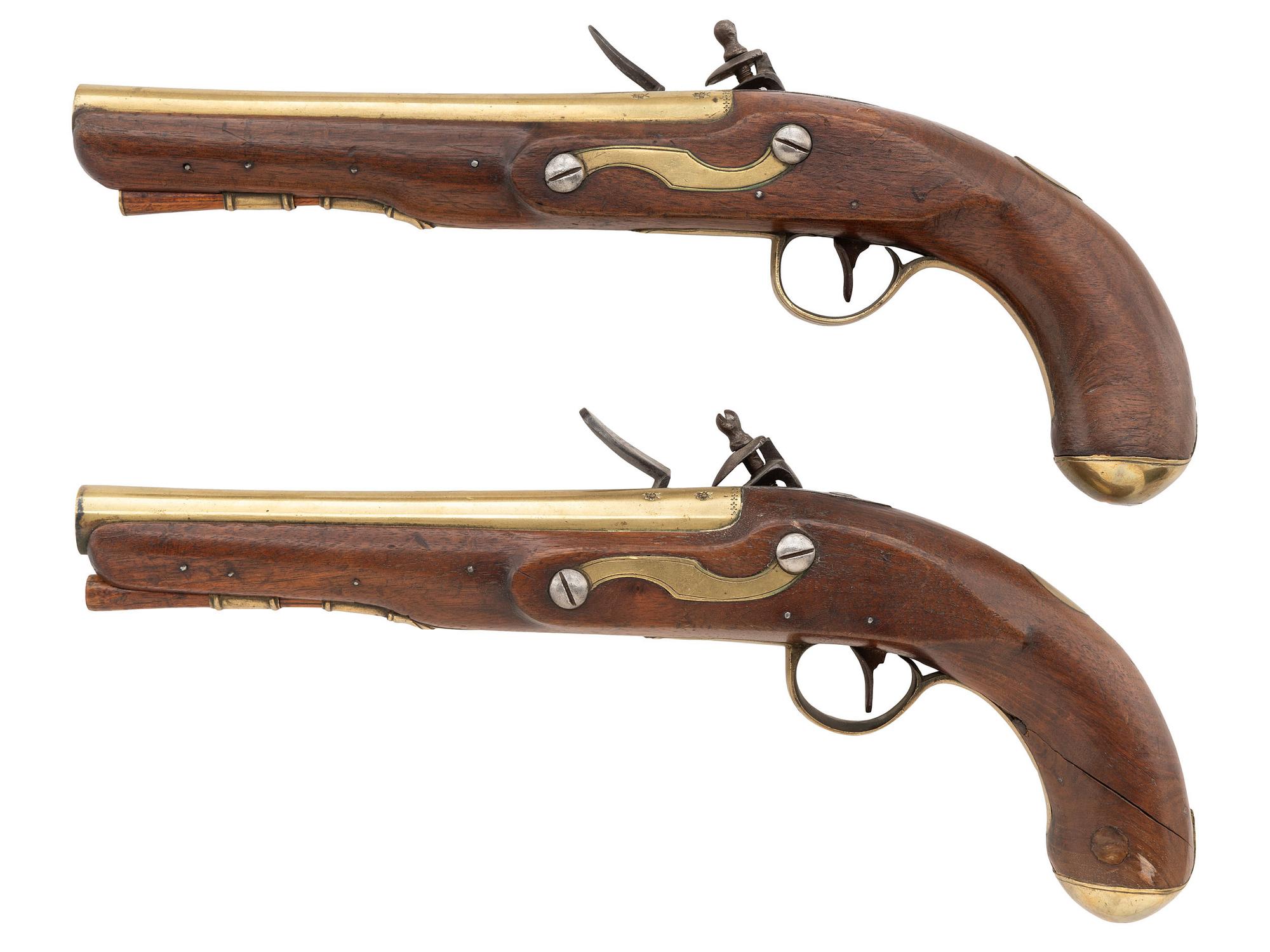 Pair of Brass Barrel Flintlock Canadian Militia Style Pistols by W. Ketland & Co.
