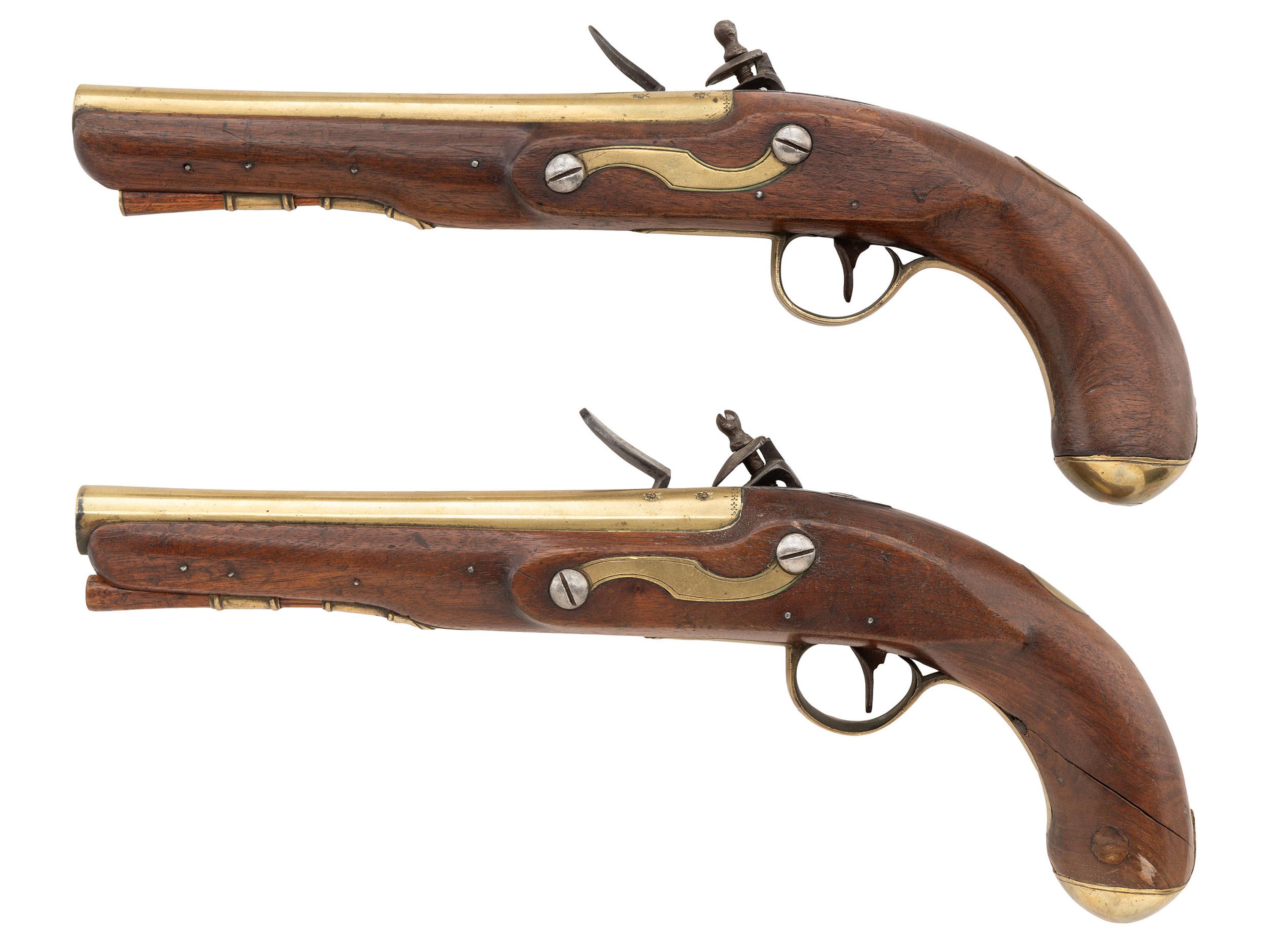 Pair of Brass Barrel Flintlock Canadian Militia Style Pistols by W. Ketland & Co.