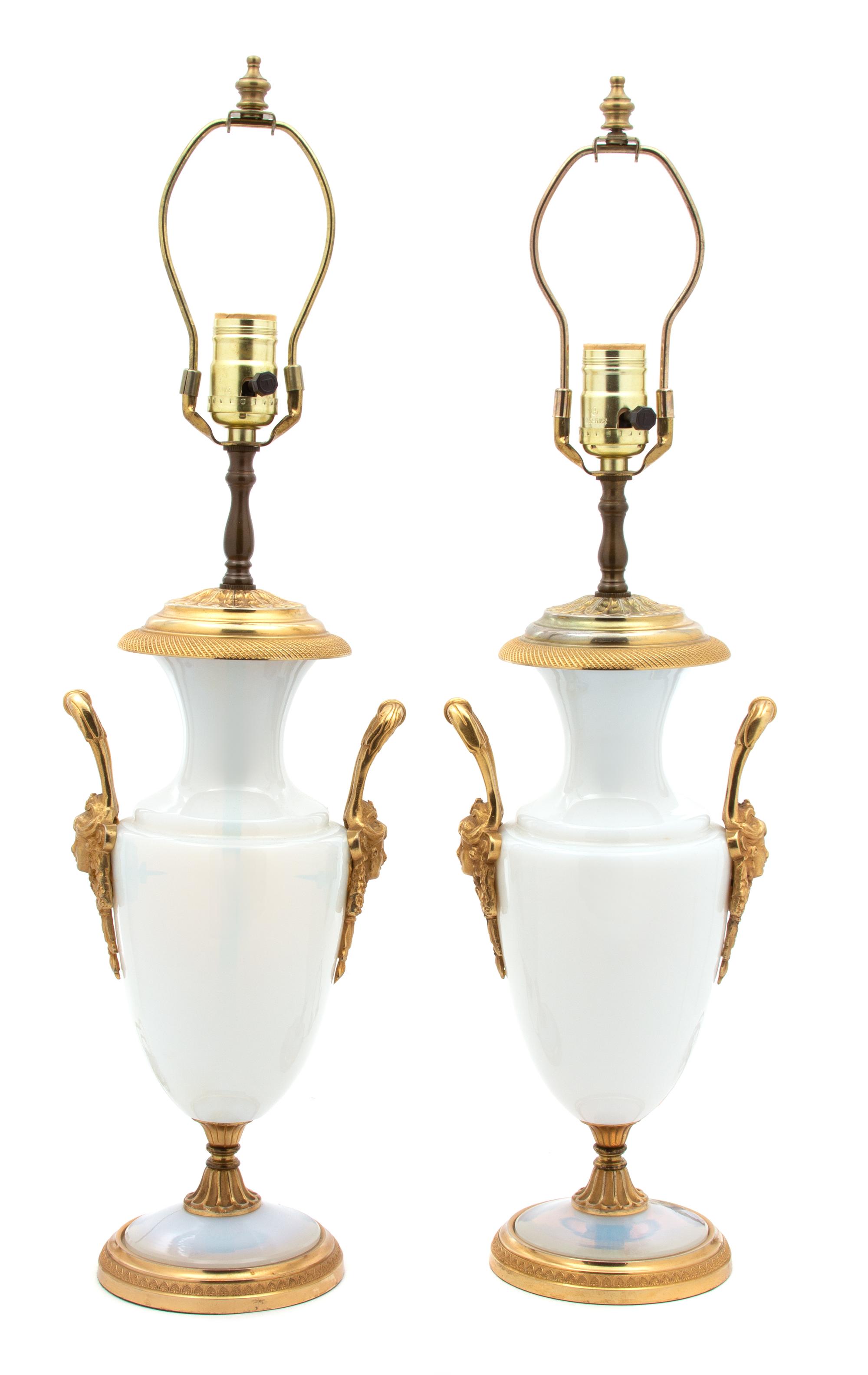 A Pair of Gilt Metal Mounted White Opaline Glass Vases Height 24 inches. — 20TH CENTURY