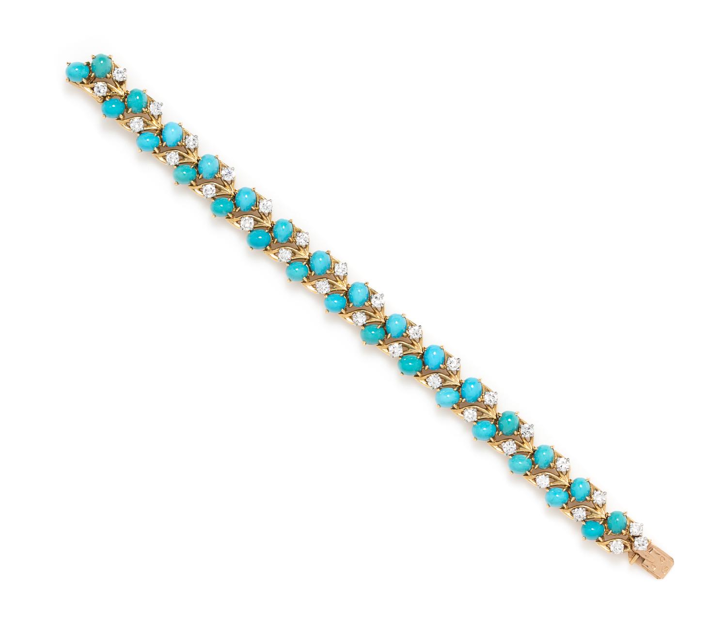 An 18 Karat Yellow Gold, Platinum, Turquoise and Diamond Bracelet, Cartier, Paris, 24.80 dwts.