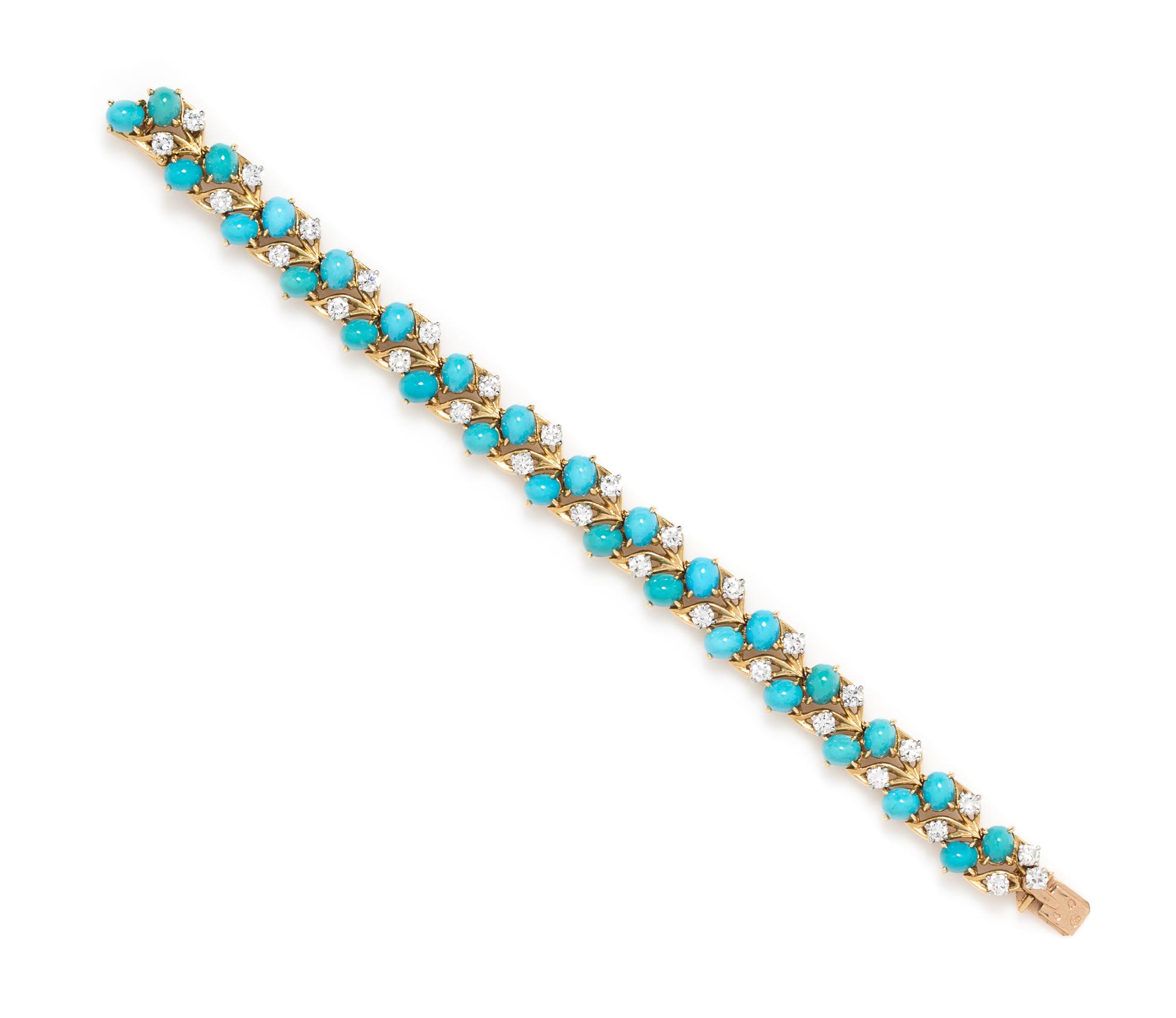 An 18 Karat Yellow Gold, Platinum, Turquoise and Diamond Bracelet, Cartier, Paris, 24.80 dwts.