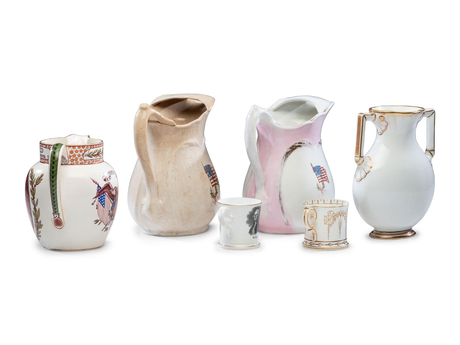 Six Porcelain Political Portrait Pitchers and Mugs