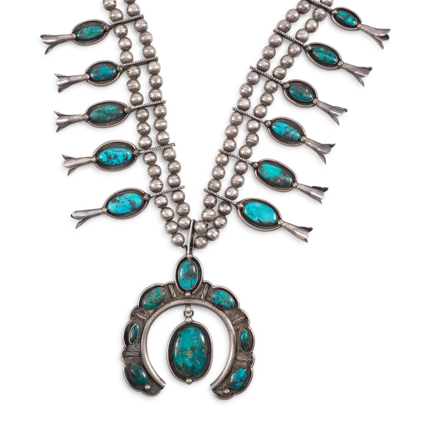 Navajo Silver and Turquoise Squash Blossom Necklace