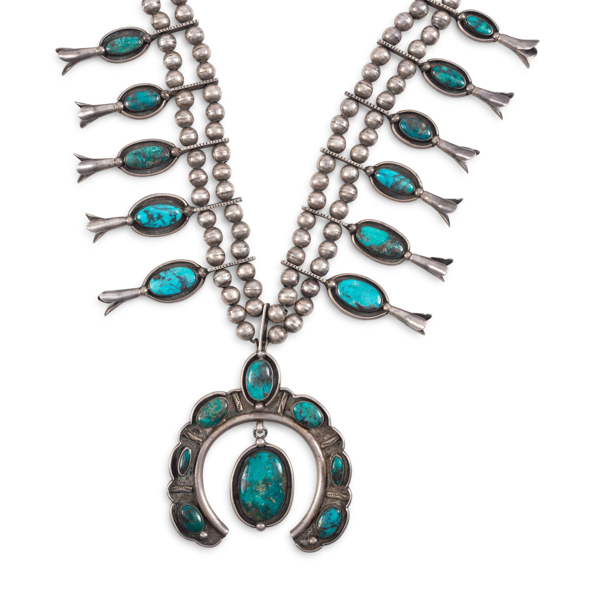 Navajo Silver and Turquoise Squash Blossom Necklace