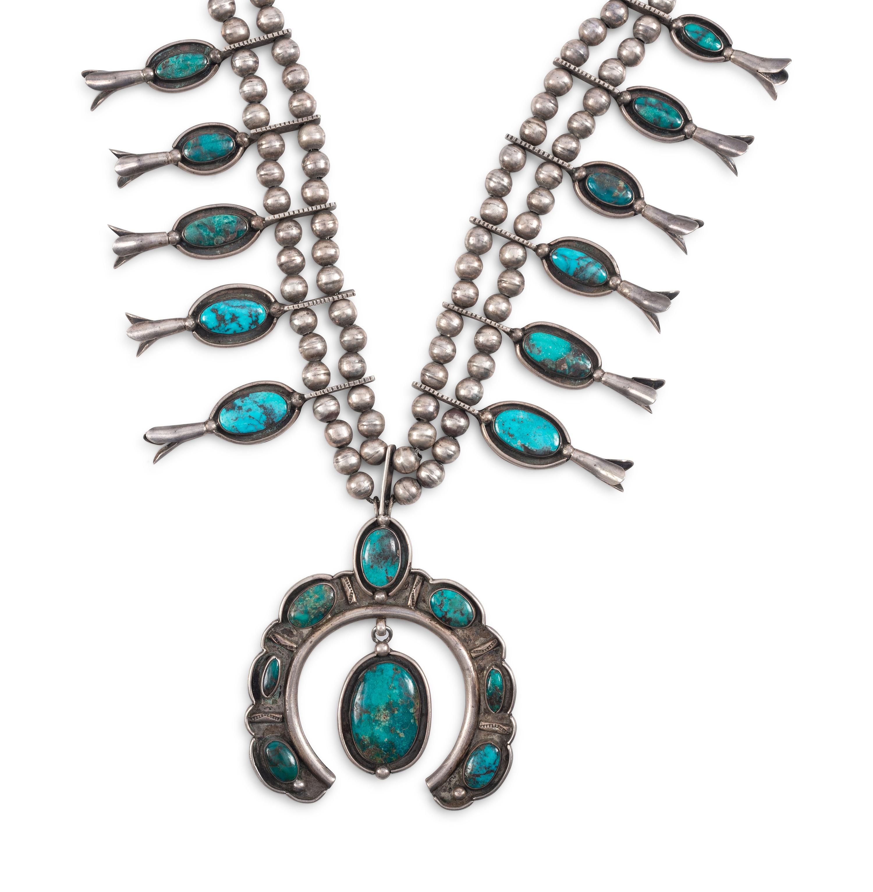 Navajo Silver and Turquoise Squash Blossom Necklace