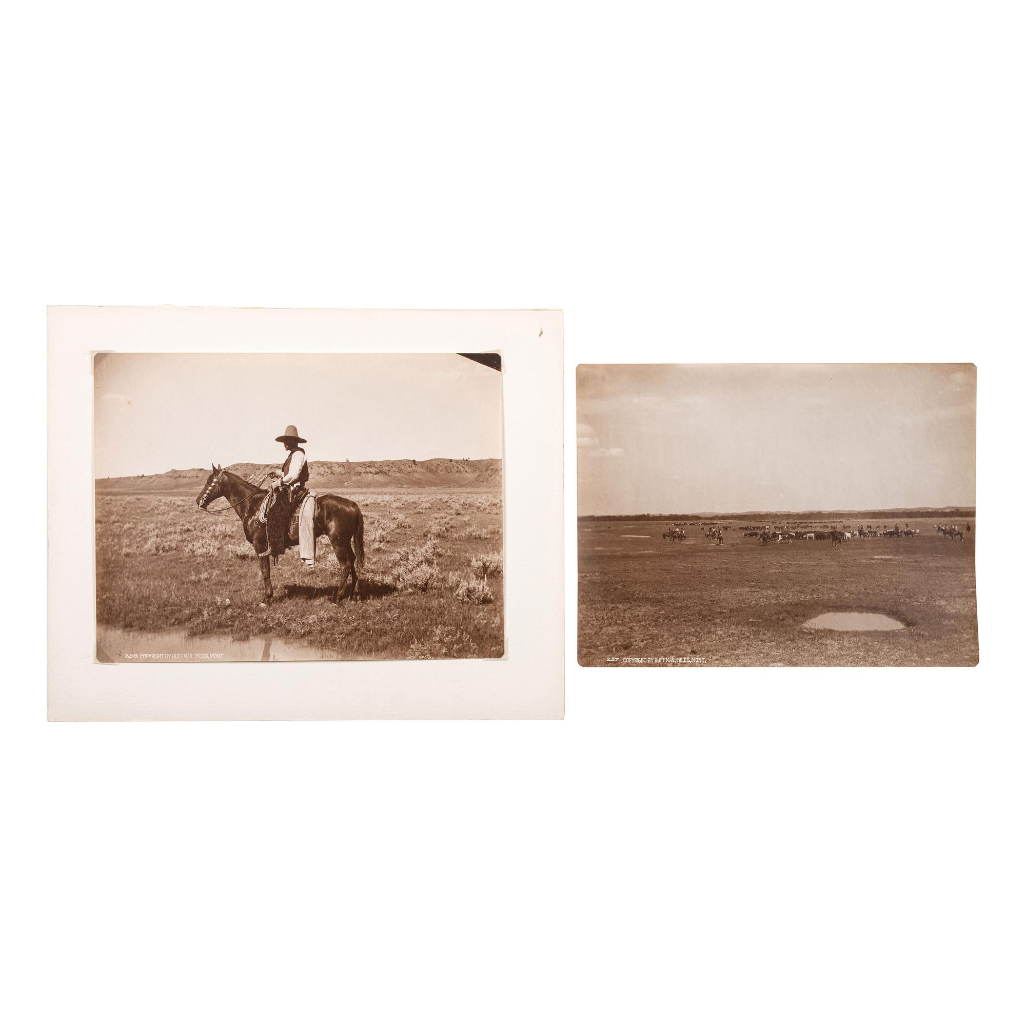 HUFFMAN, Laton Alton (1854-1931). Outdoor portrait of a cowboy on horseback. Miles, MT: Huffman, [ca 1880s].