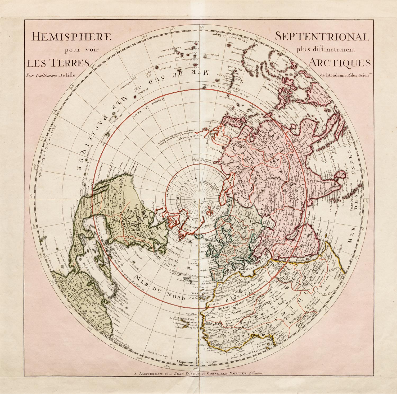 DELISLE, Guillaume (1675-1726). Hemisphere Septentrional pour voir plus Distinctement les Terres Arctiques . [Paris:] Covens and Mortier, ca 1730.