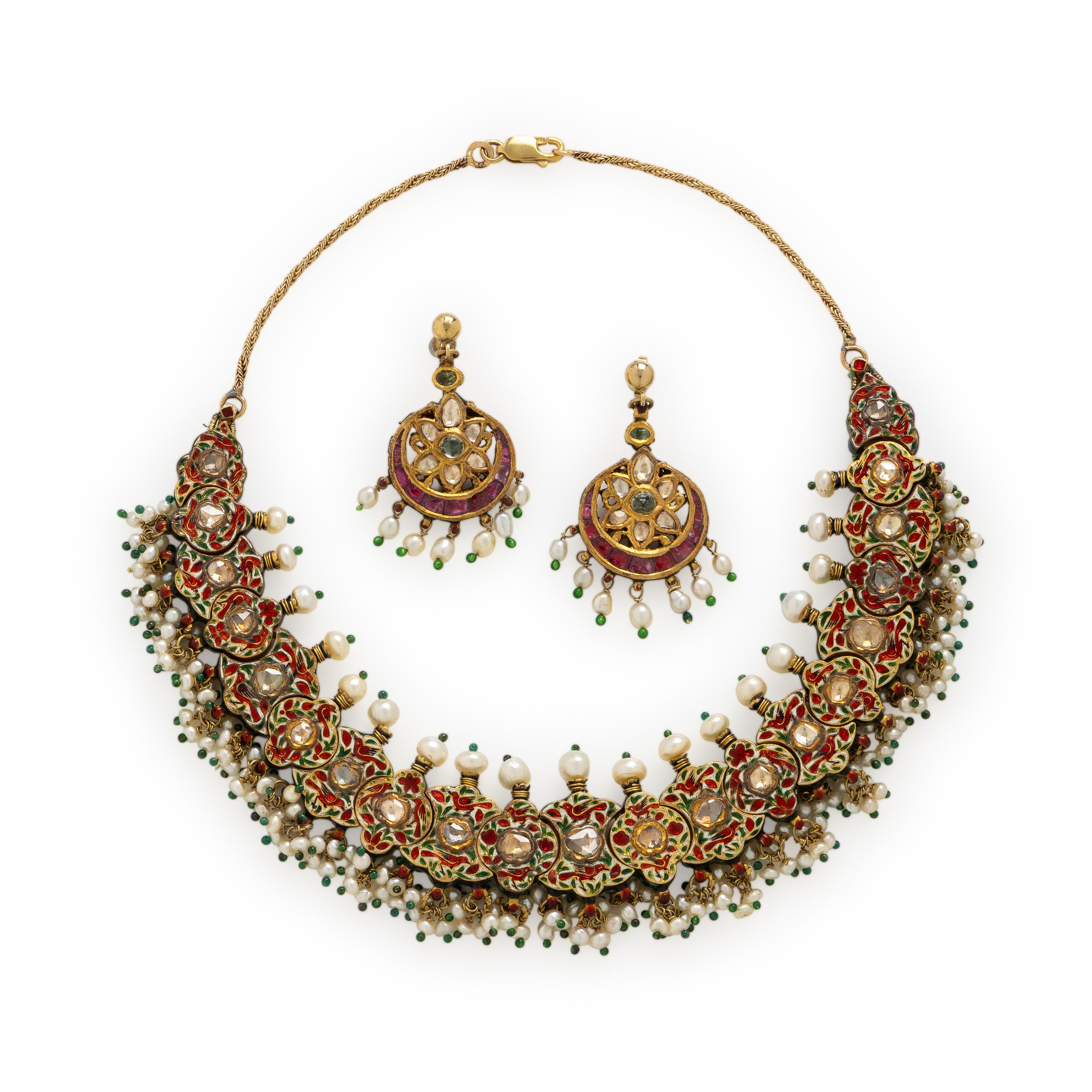Yellow Gold, Enamel, and Multigem Mughal Style Demi Parure