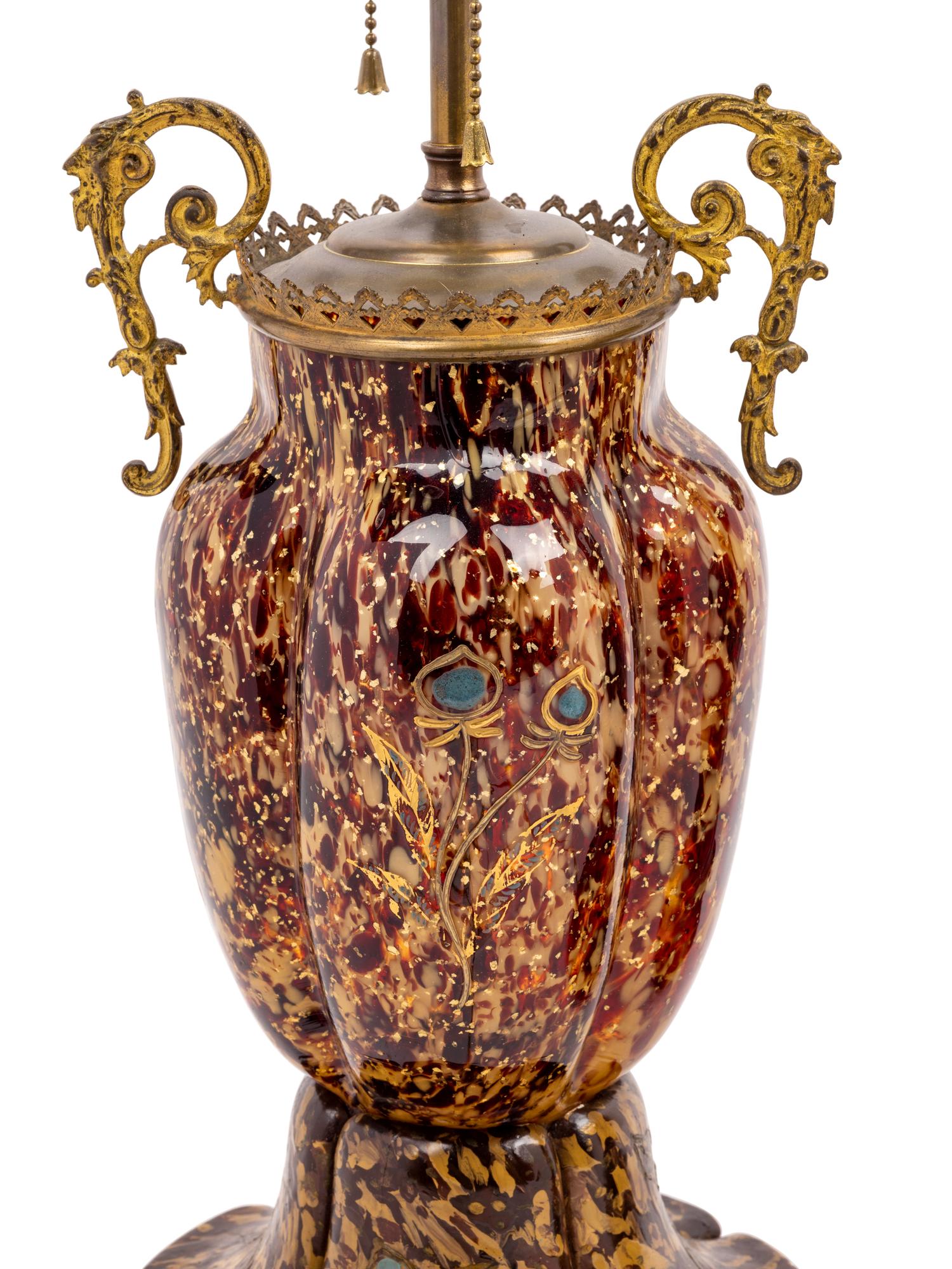 A Pair of Gilt Decorated Glass Vases Mounted as Lamps