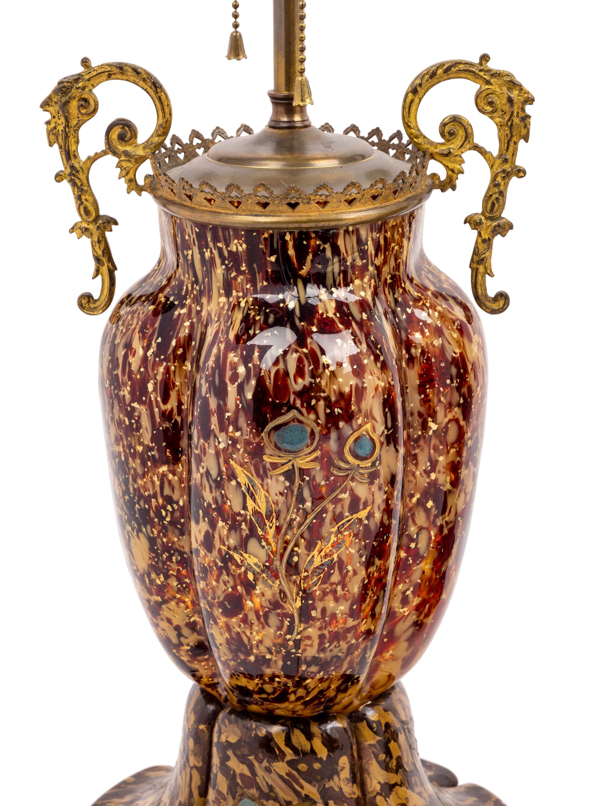 A Pair of Gilt Decorated Glass Vases Mounted as Lamps