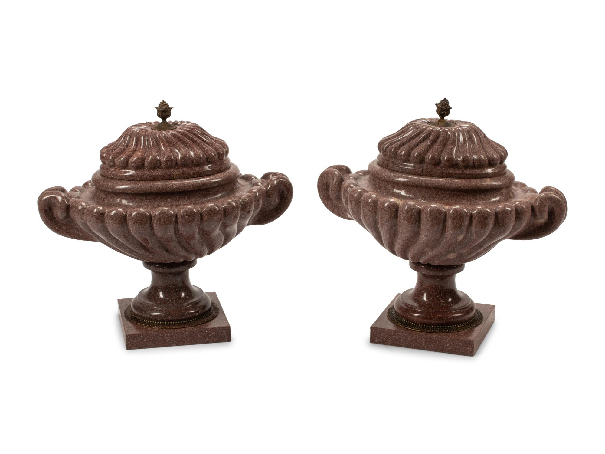 A Pair of Neoclassical Style Bronze Mounted Carved Hardstone Urns