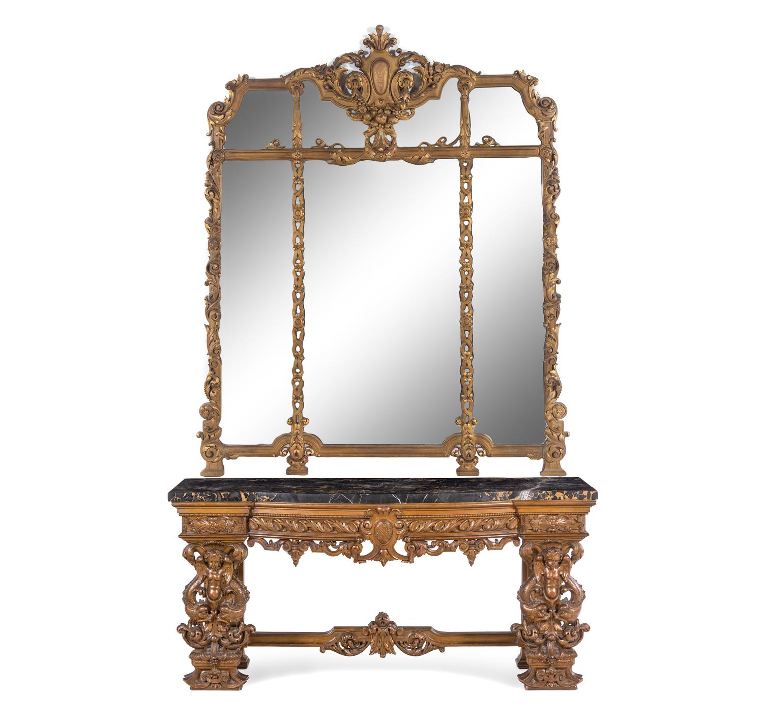 An Italian Neoclassical Carved Giltwood Marble-Top Console Table and Mirror