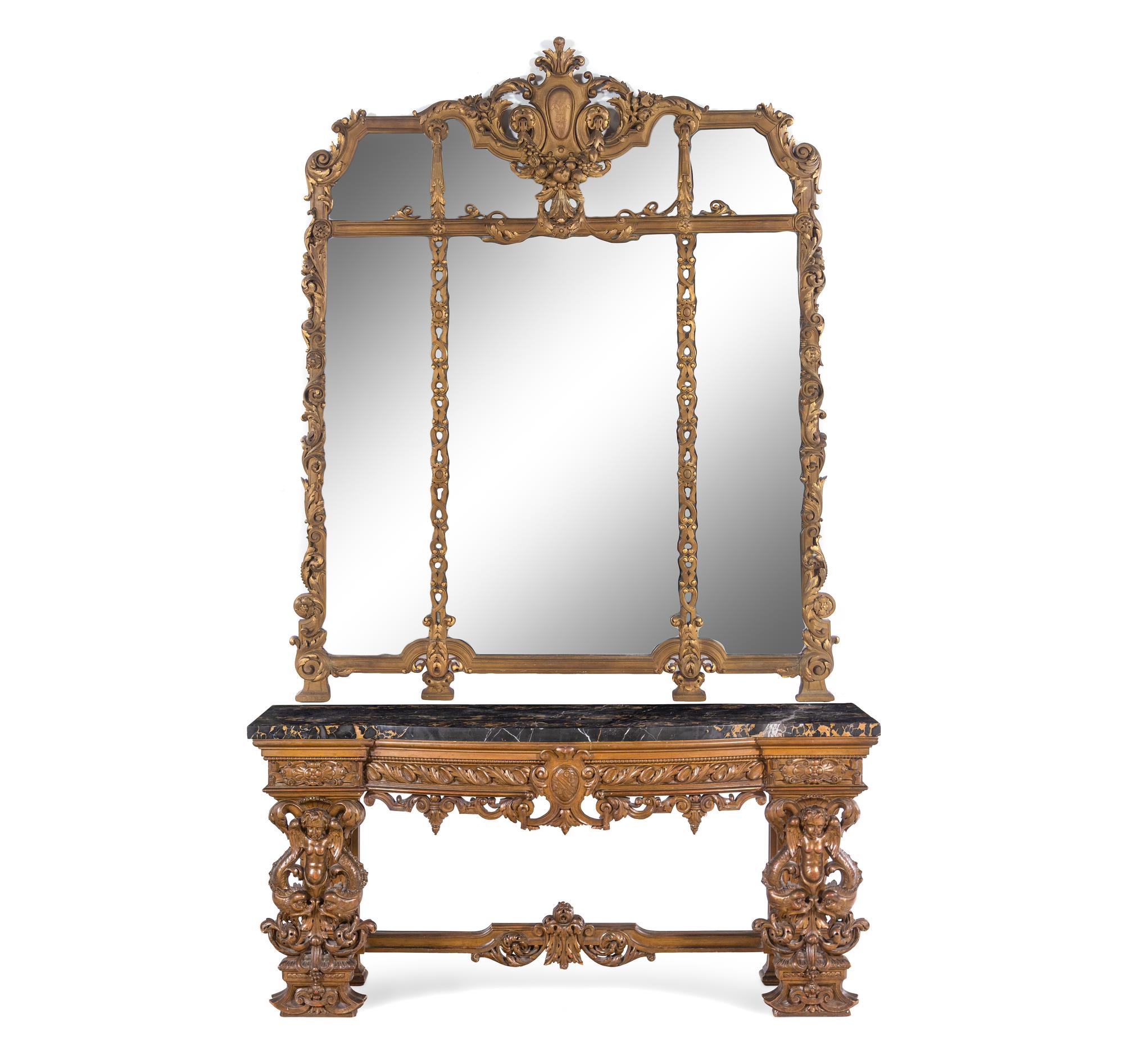 An Italian Neoclassical Carved Giltwood Marble-Top Console Table and Mirror