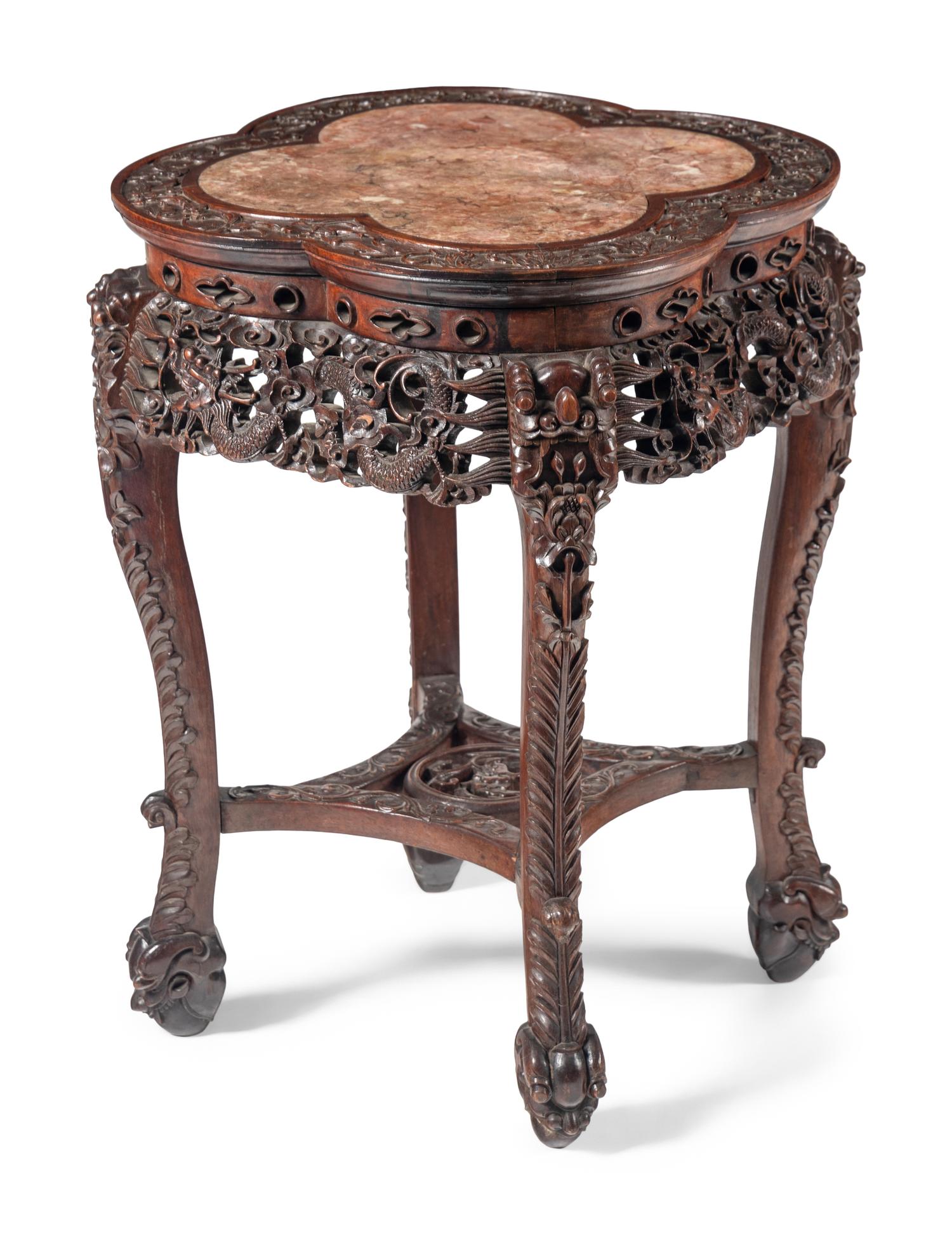 A Chinese Export Carved Hardwood Marble-Inset Side Table