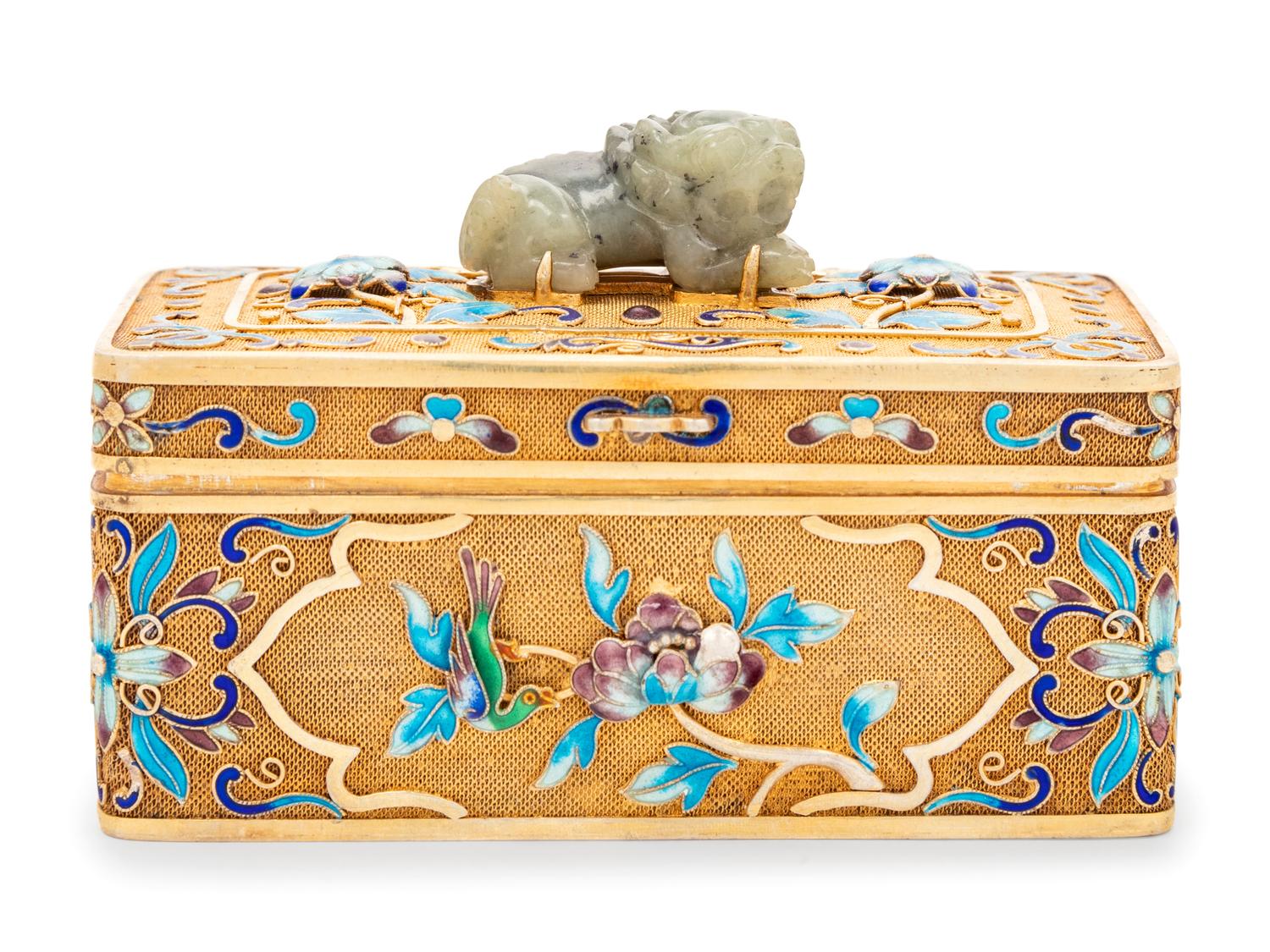 A Chinese Enameled Silver and Jade Inset Table Casket