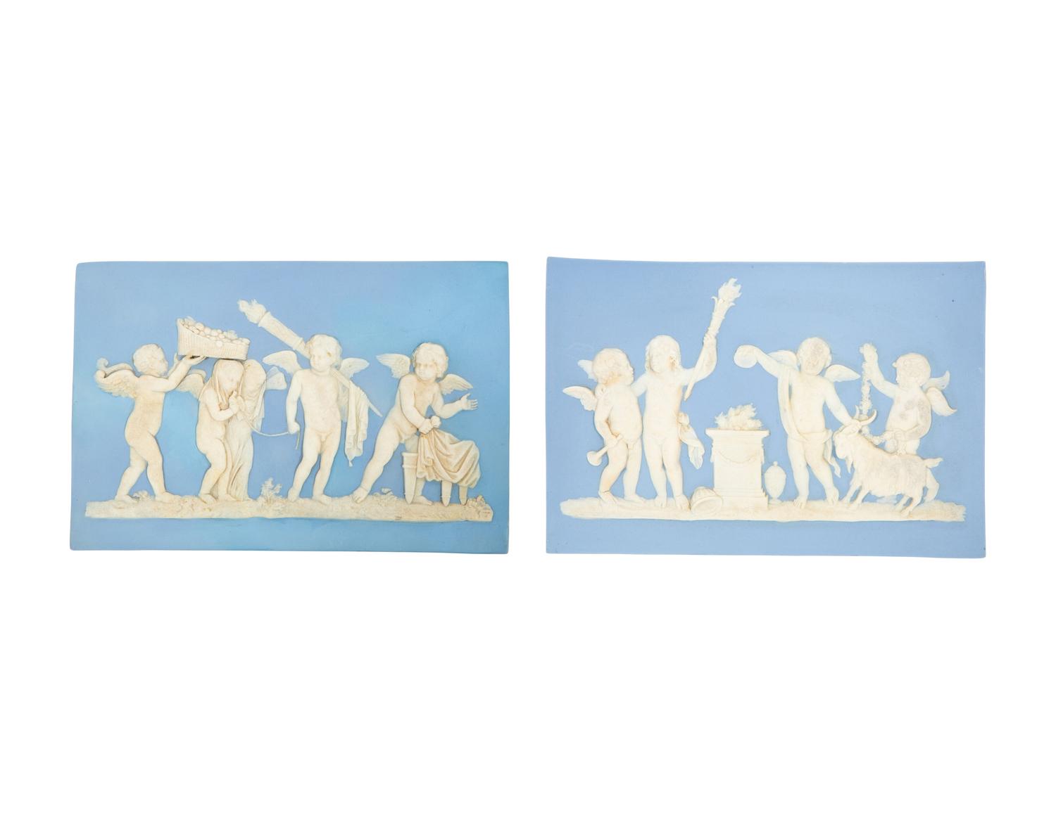 A Pair of Wedgwood Blue Jasperware Plaques The Marriage of Cupid and Psyche and Sacrifice to Hymen