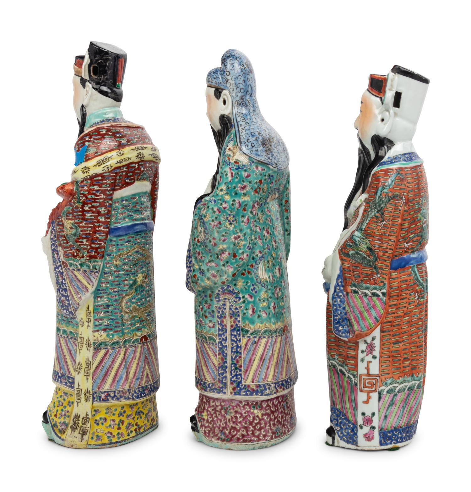 Three Chinese Famille Rose Porcelain Figures of Daoist Immortals