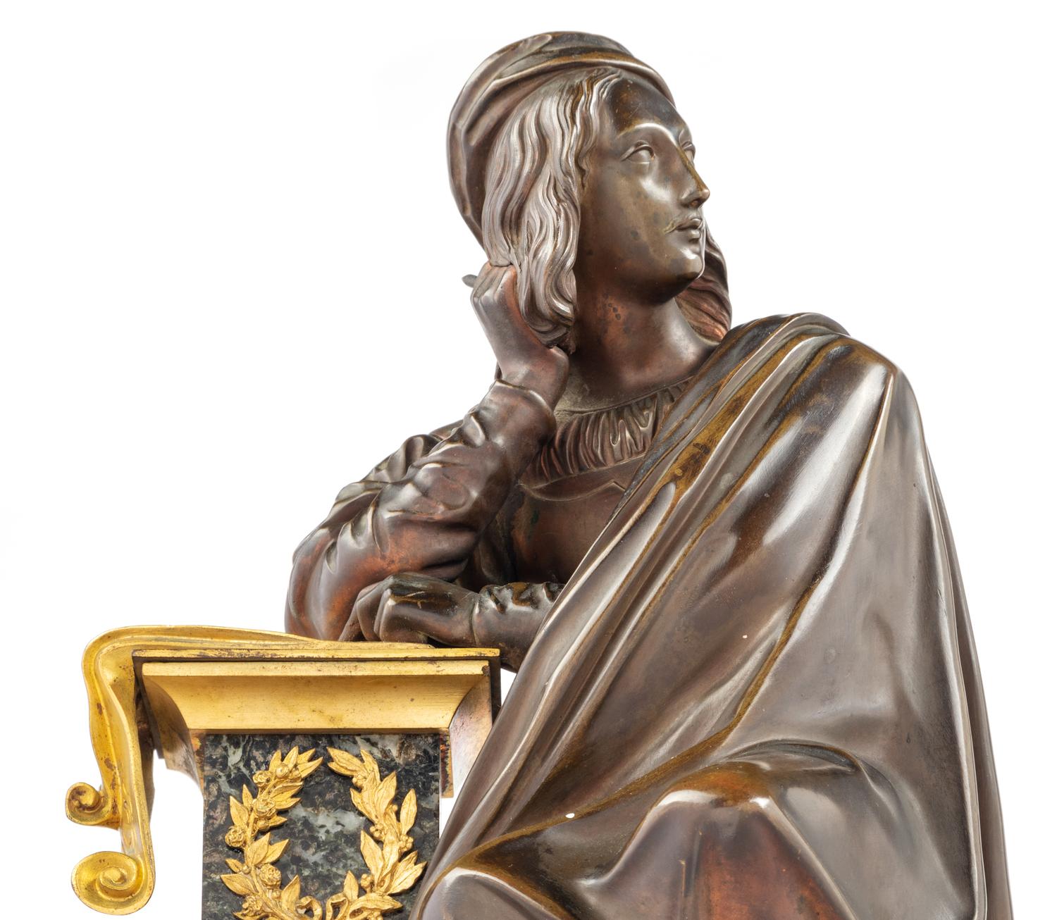 A Louis Philippe Verde Antico Marble, Gilt and Patinated Bronze Figural Mantel Clock
