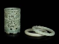 Three Chinese Carved Celadon Jade Articles