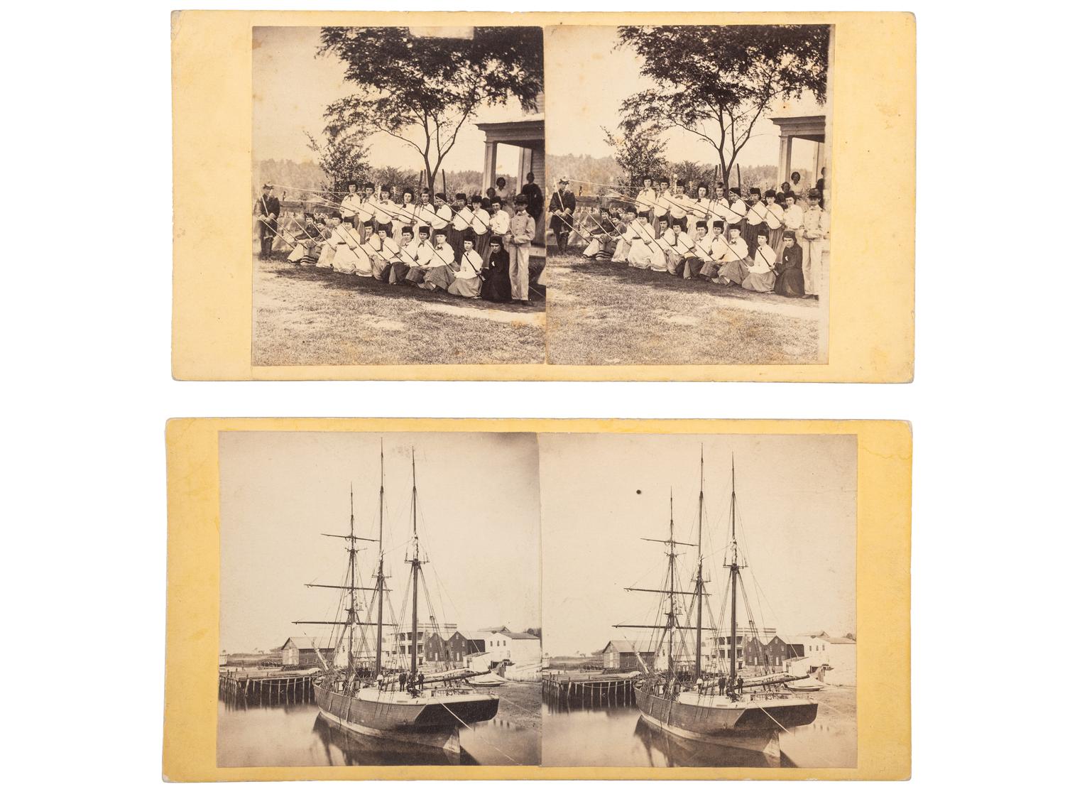[CIVIL WAR]. COOLEY, Sam A., and PEASE, N.W., photographers. A group of 2 stereoviews incl. a ship scene and a group of young women representing the "White Mountain rangers."