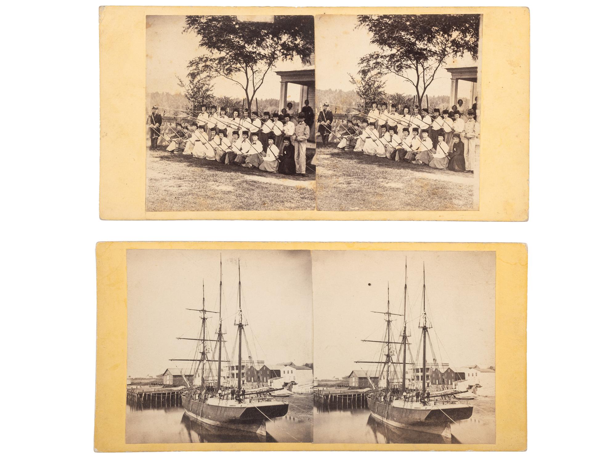 [CIVIL WAR]. COOLEY, Sam A., and PEASE, N.W., photographers. A group of 2 stereoviews incl. a ship scene and a group of young women representing the "White Mountain rangers."