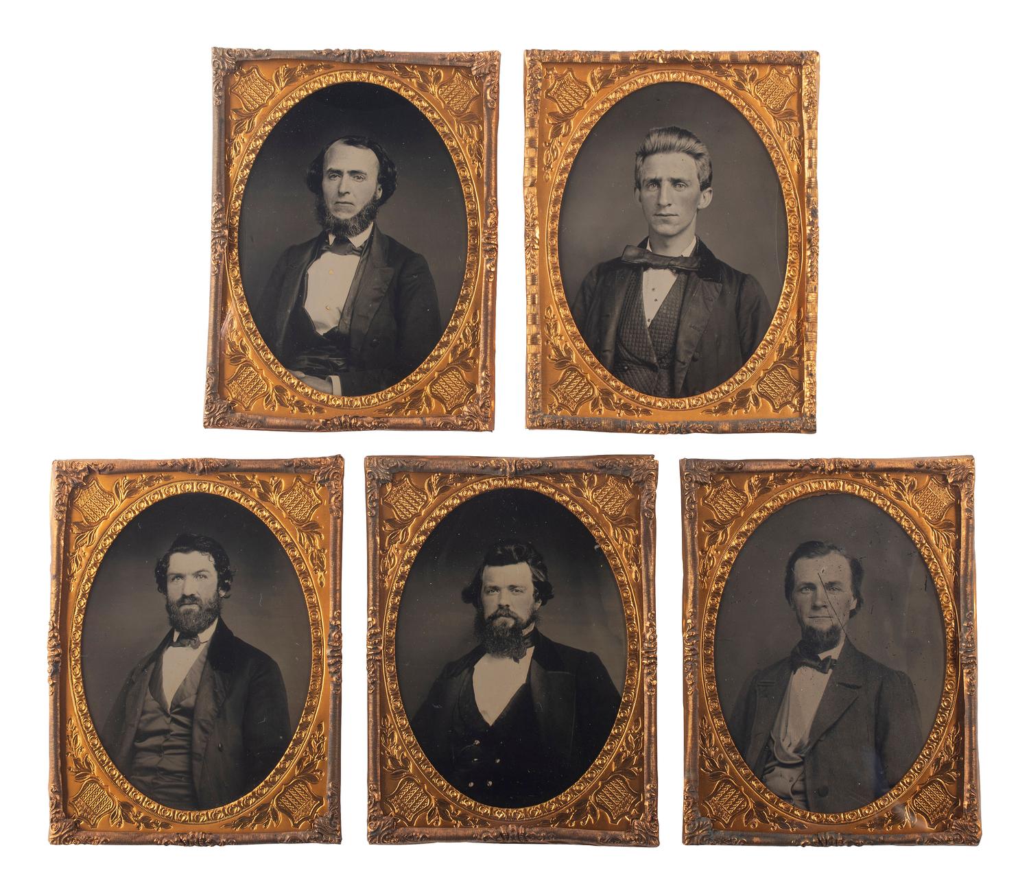 [EARLY PHOTOGRAPHY]. A group of 13 ambrotype and tintype portraits of distinguished gentlemen, highlighted by 5 quarter plate ruby ambrotypes of businessmen presumably representing the same firm.