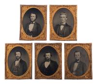 [EARLY PHOTOGRAPHY]. A group of 13 ambrotype and tintype portraits of distinguished gentlemen, highlighted by 5 quarter plate ruby ambrotypes of businessmen presumably representing the same firm.