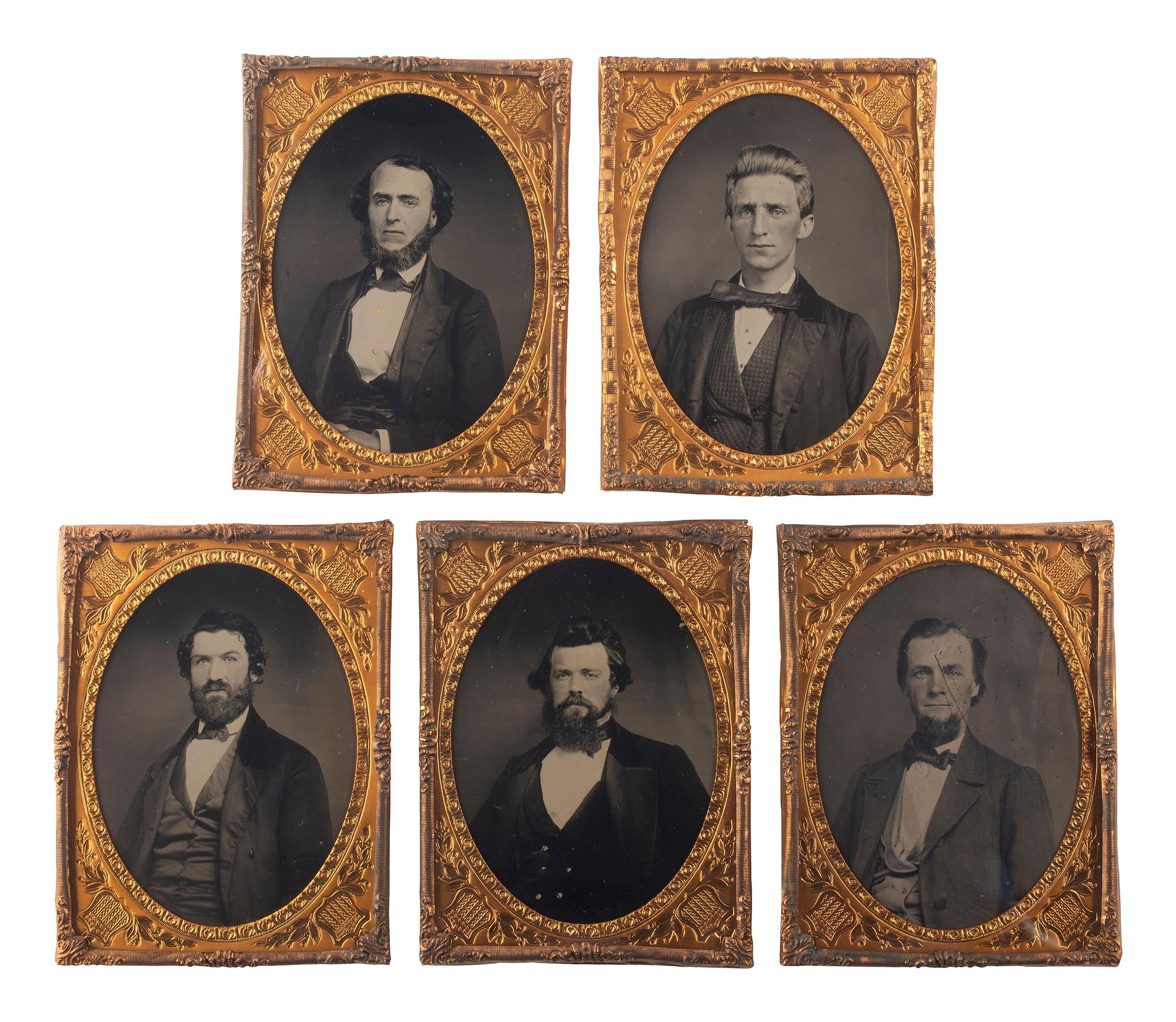 [EARLY PHOTOGRAPHY]. A group of 13 ambrotype and tintype portraits of distinguished gentlemen, highlighted by 5 quarter plate ruby ambrotypes of businessmen presumably representing the same firm.