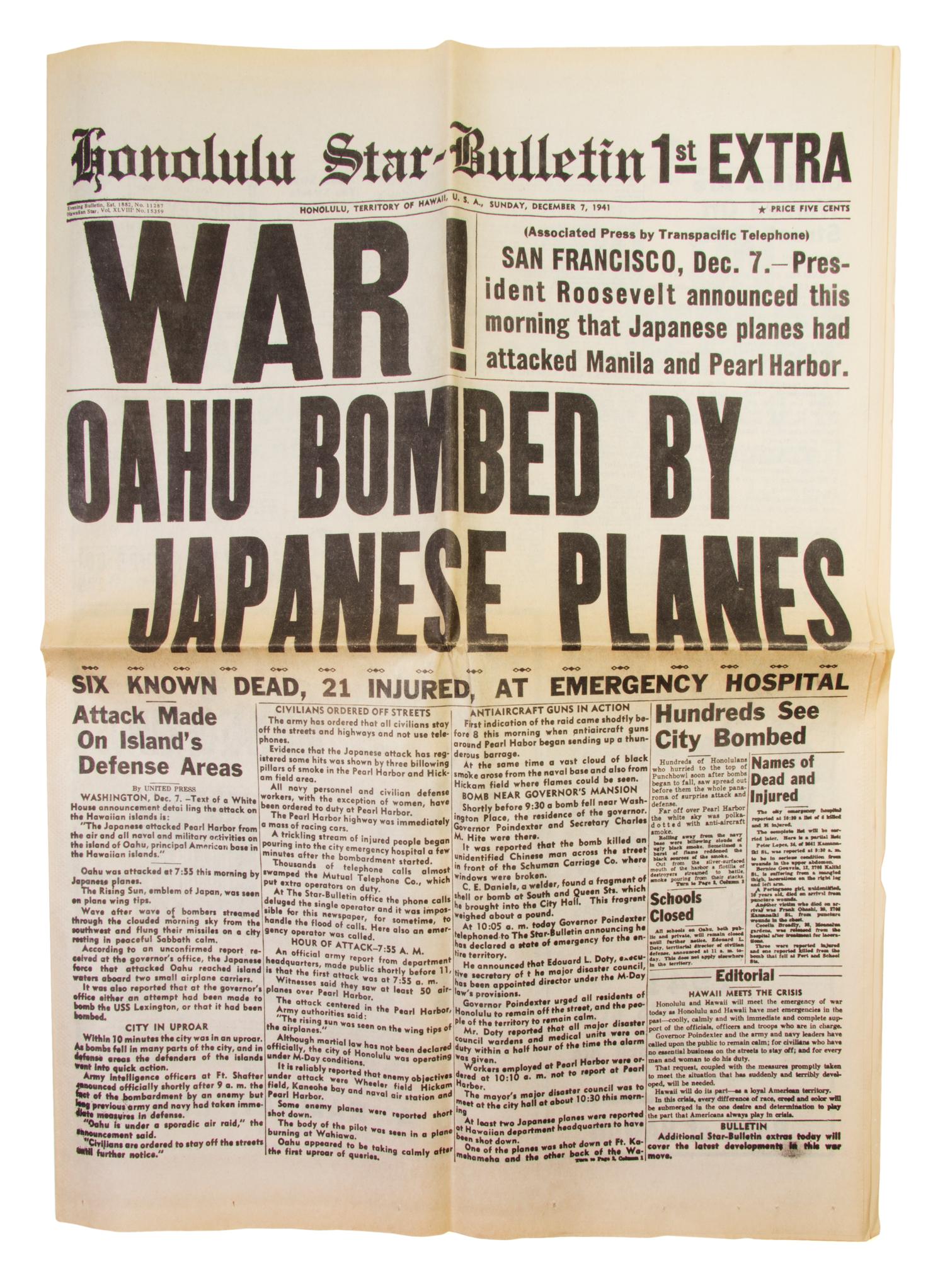 (PEARL HARBOR) HONOLULU STAR-BULLETIN. 1945 facsimile of the original issued on the morning of Dec. 7, 1941. 10 pages.
