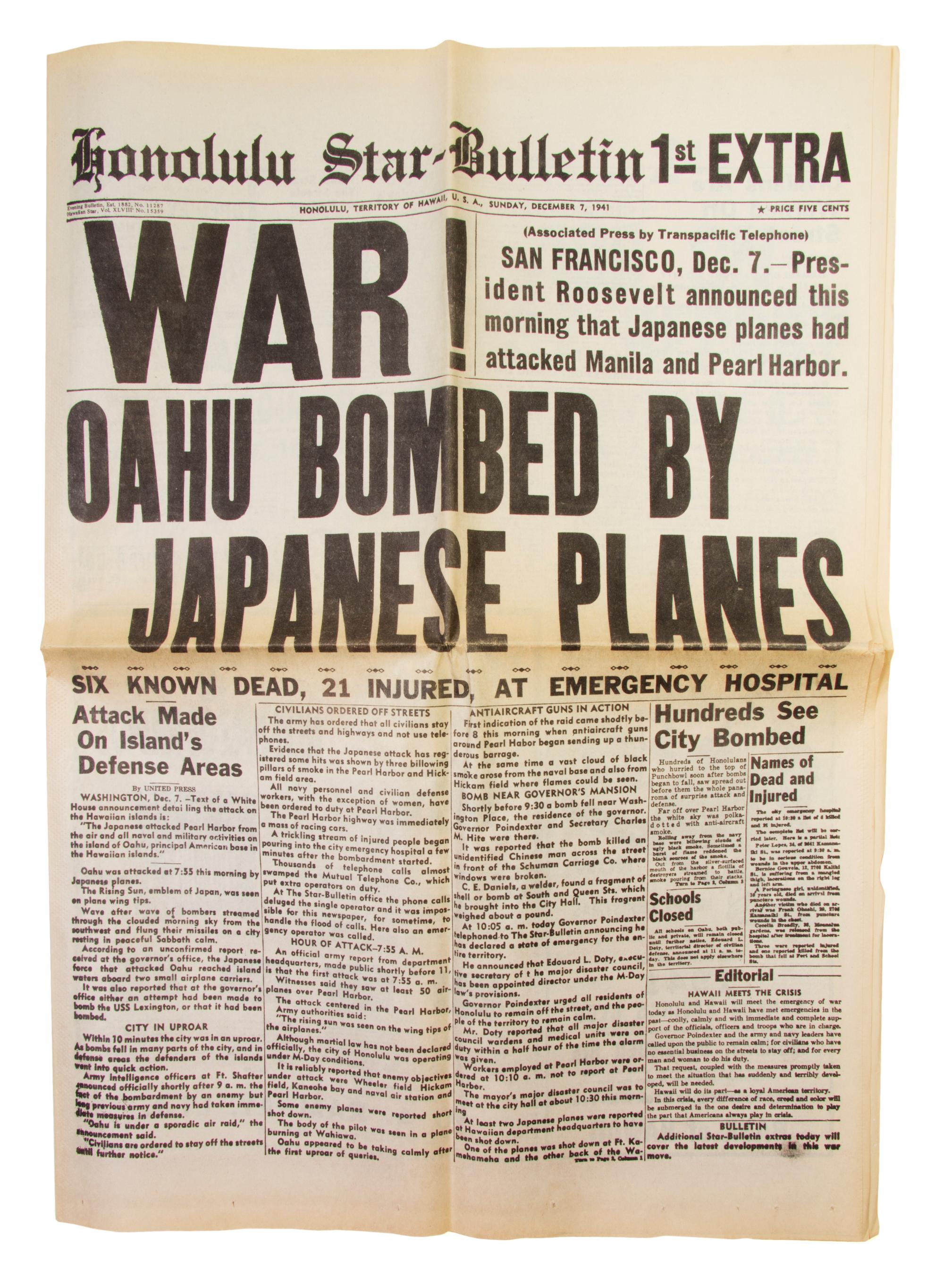 (PEARL HARBOR) HONOLULU STAR-BULLETIN. 1945 facsimile of the original issued on the morning of Dec. 7, 1941. 10 pages.