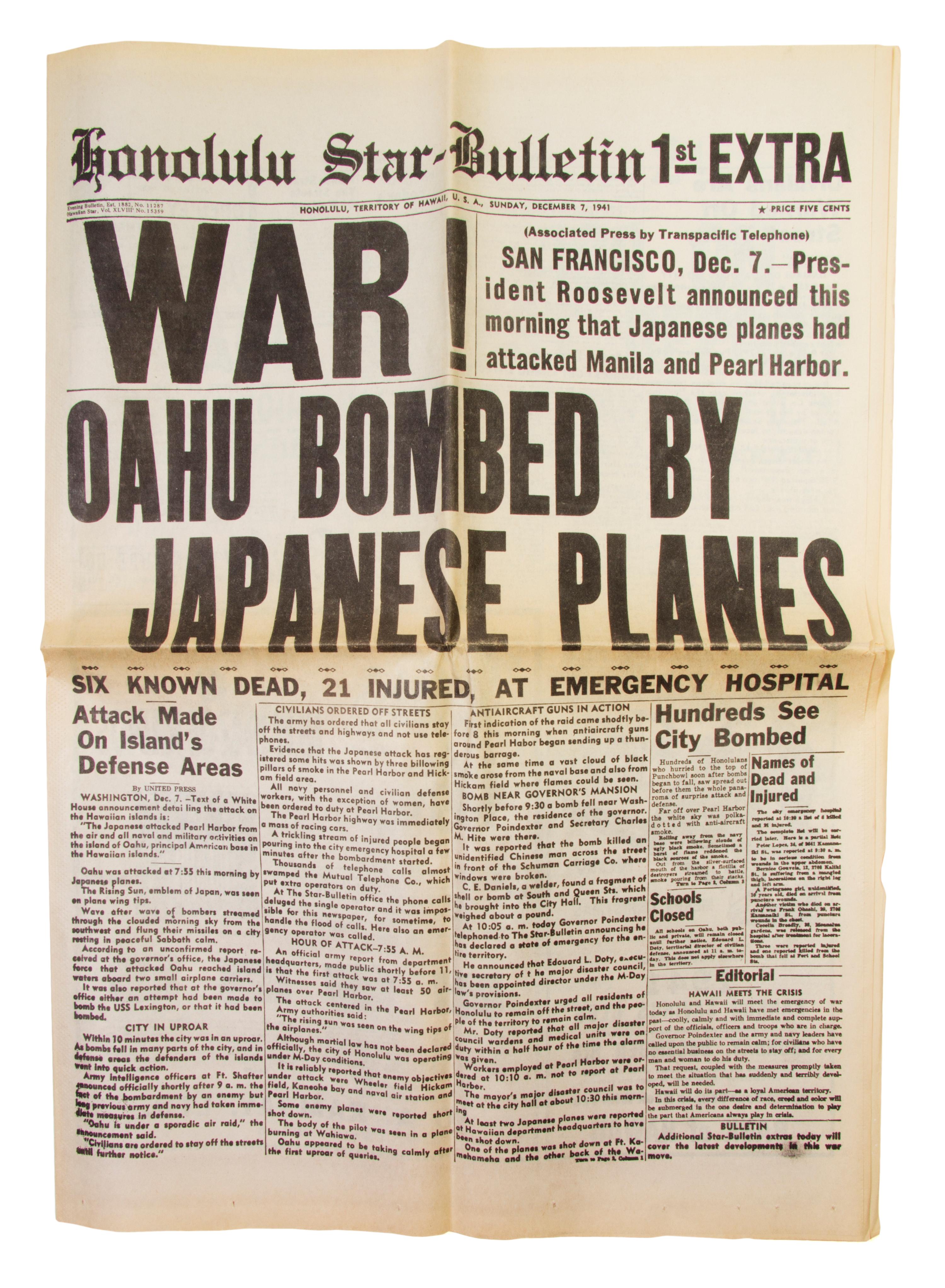 (PEARL HARBOR) HONOLULU STAR-BULLETIN. 1945 facsimile of the original issued on the morning of Dec. 7, 1941. 10 pages.