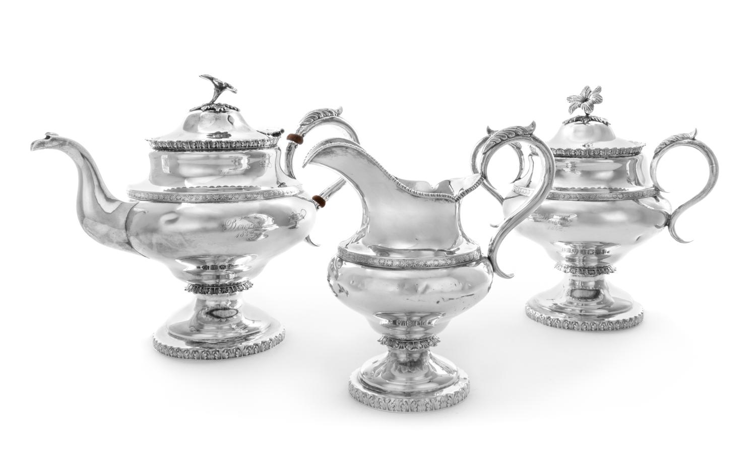 An American Coin Silver Three-Piece Coffee Service, Davis Palmer & Co., Boston, MA, 19th Century, comprising a coffee pot, covered suga