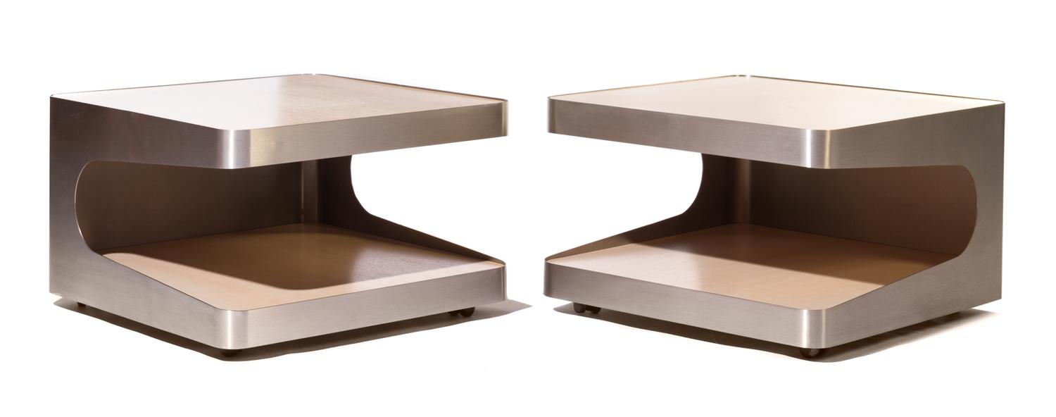 A Pair of Modernist Aluminum Side Tables Height 16 x width 26 x depth 26 inches.