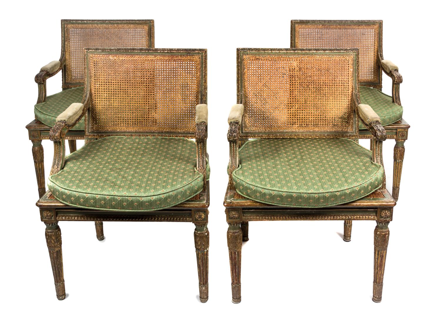 A Set of Four Louis XVI Style Green-Painted and Parcel-Gilt Fauteuils Height 32 inches. — LATE 19TH/20TH CENTURY