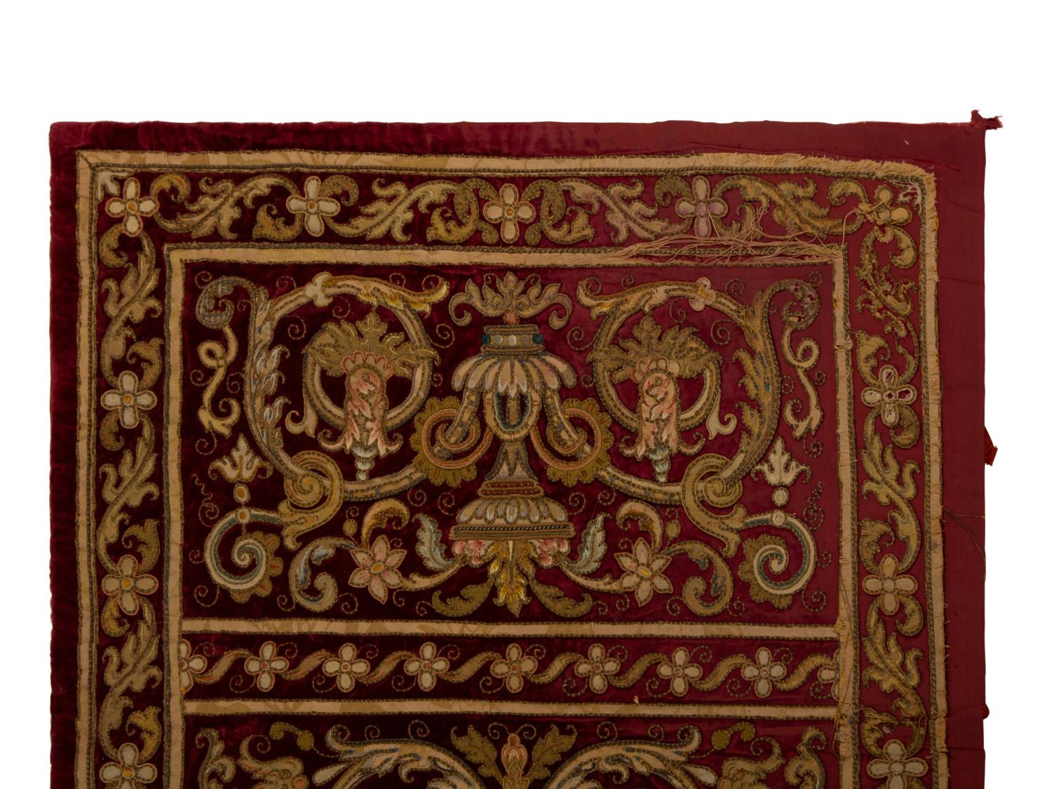 A Continental Gold Thread Embroidered Red Velvet Cloth
