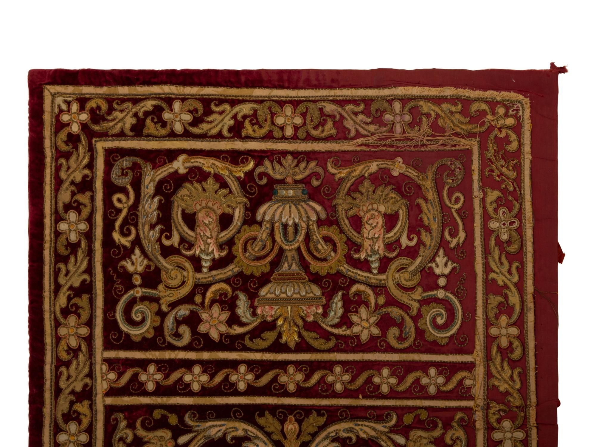 A Continental Gold Thread Embroidered Red Velvet Cloth