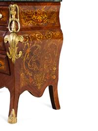A Near Pair of Régence Style Gilt Metal Mounted Inlaid Kingwood Marble-Top Bombe Commodes