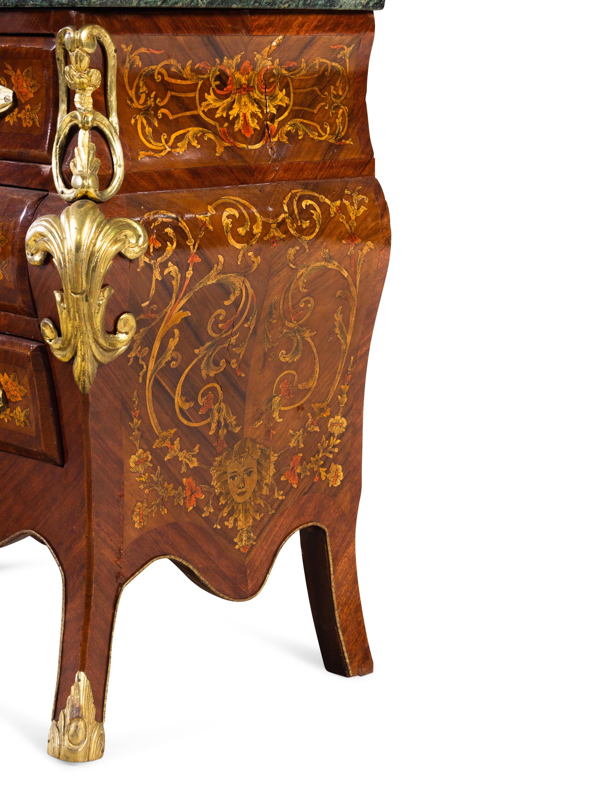 A Near Pair of Régence Style Gilt Metal Mounted Inlaid Kingwood Marble-Top Bombe Commodes