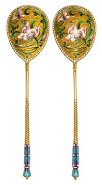 A Pair of Russian Silver-Gilt and Enamel Serving Spoons, Mark of Vasiili Agafonov, kokoshnik mark of Ivan Lebedkin, Moscow, late 19th/e
