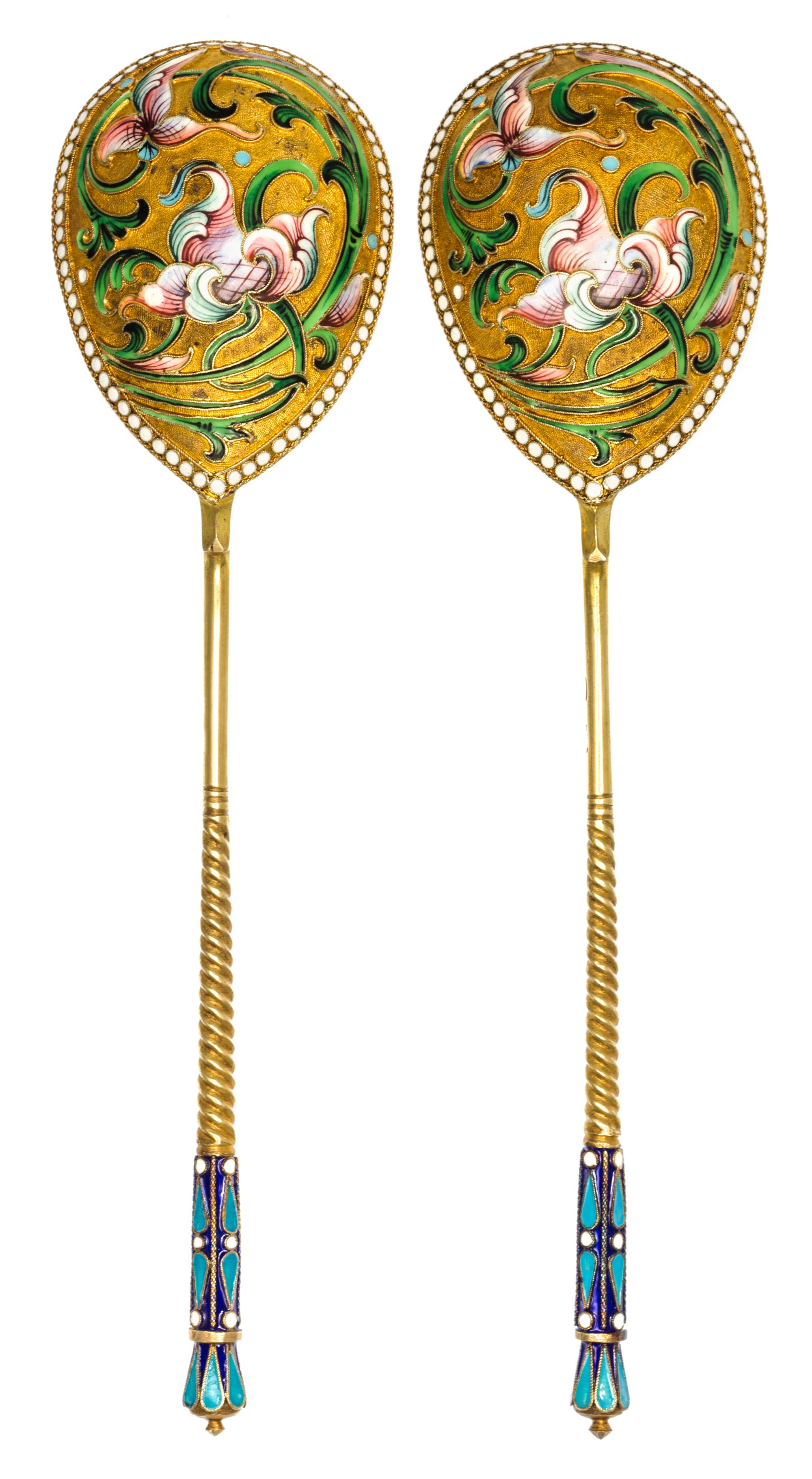 A Pair of Russian Silver-Gilt and Enamel Serving Spoons, Mark of Vasiili Agafonov, kokoshnik mark of Ivan Lebedkin, Moscow, late 19th/e